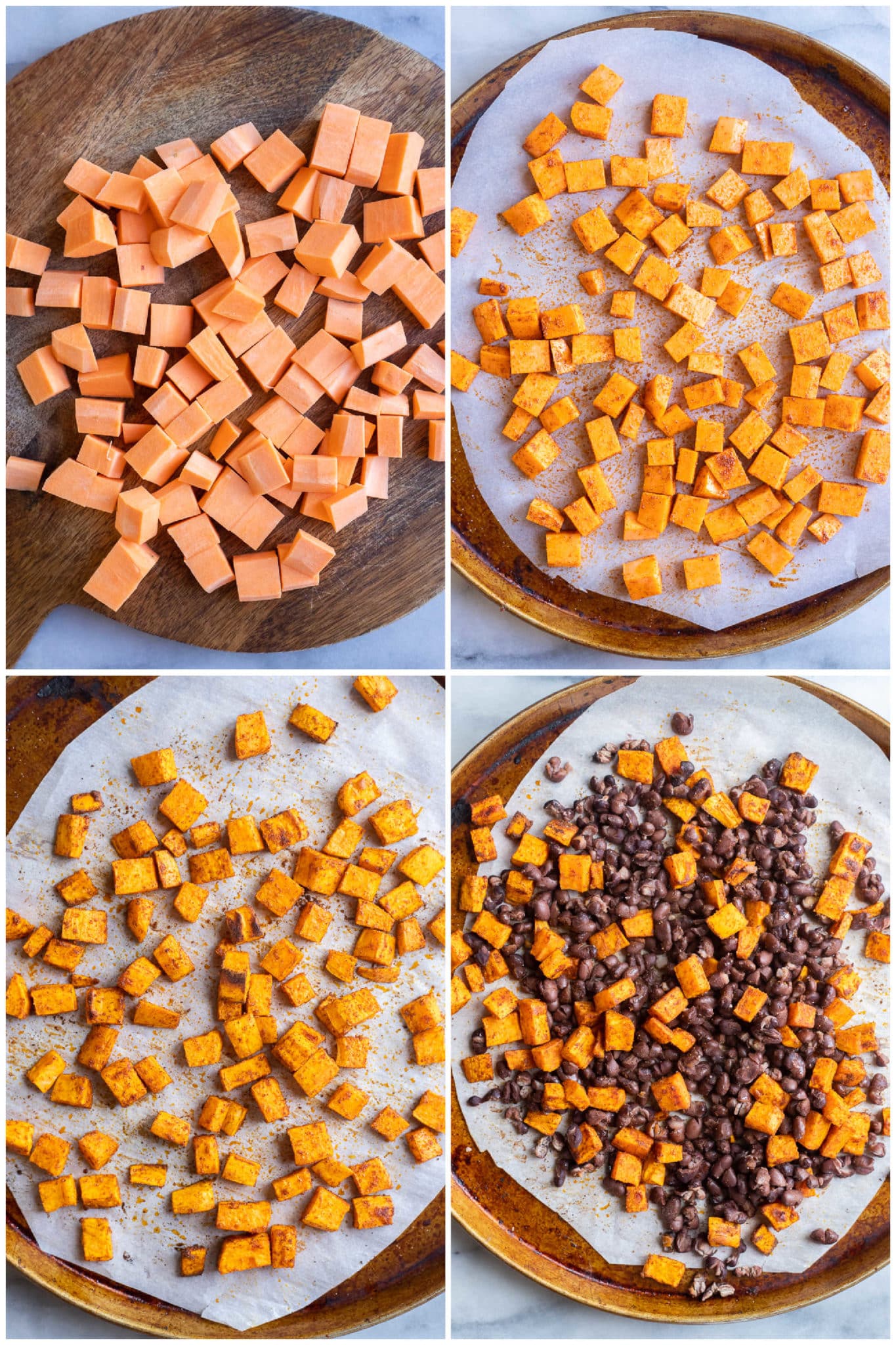 showing how to make roasted sweet potatoes with black beans