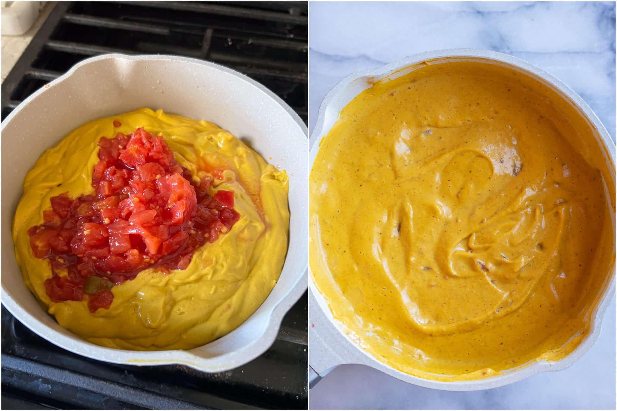 vegan queso dip made with rotel in a pan heating up
