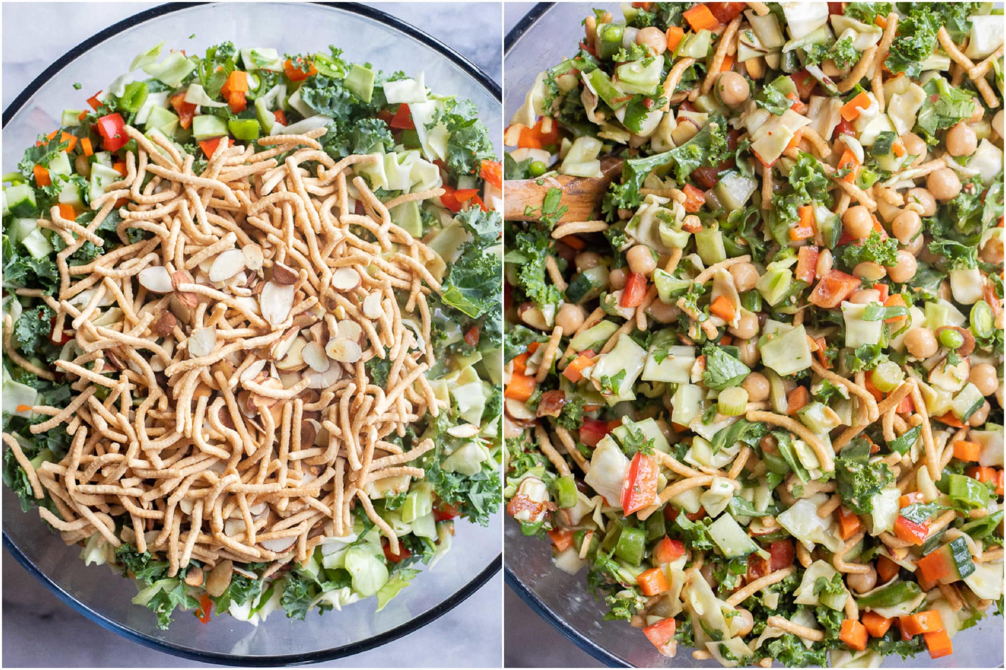 crunchy cabbage salad all mixed together in a large serving bowl