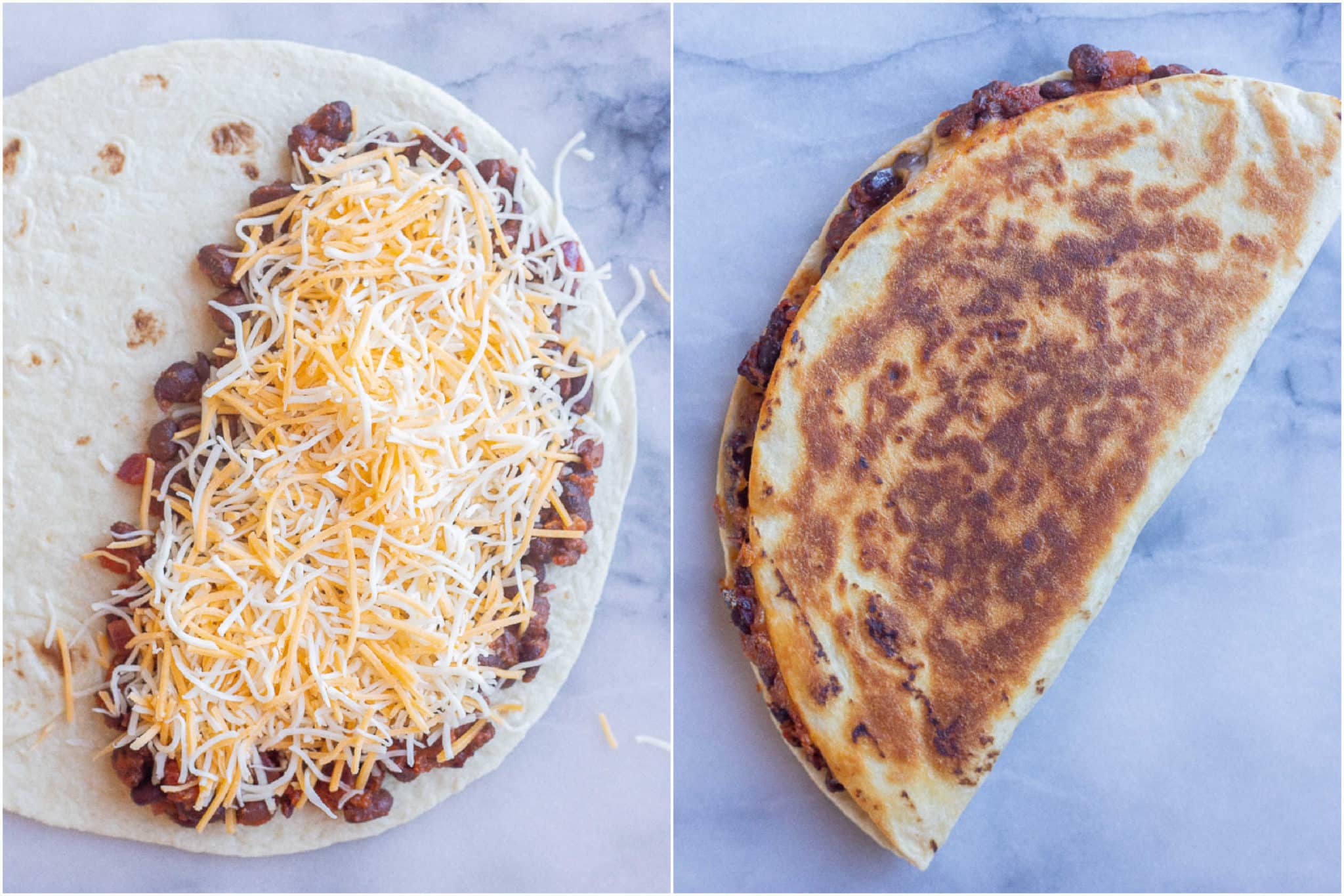 bbq black beans in a tortilla with cheese melted and a cooked quesadilla