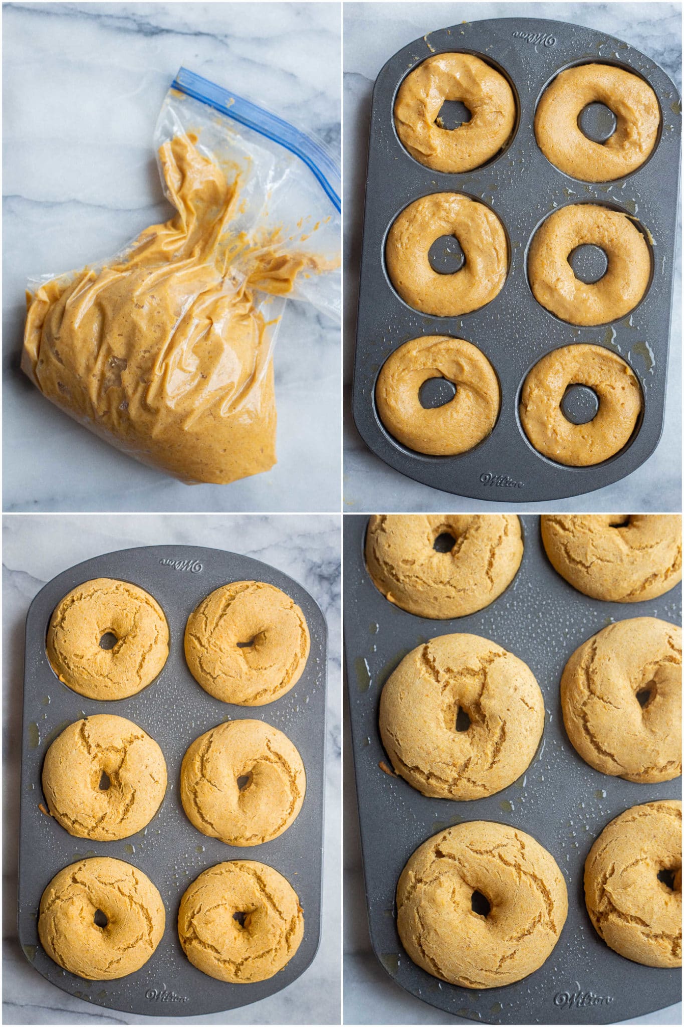 showing how to put the dough into the doughnut pan and bake them