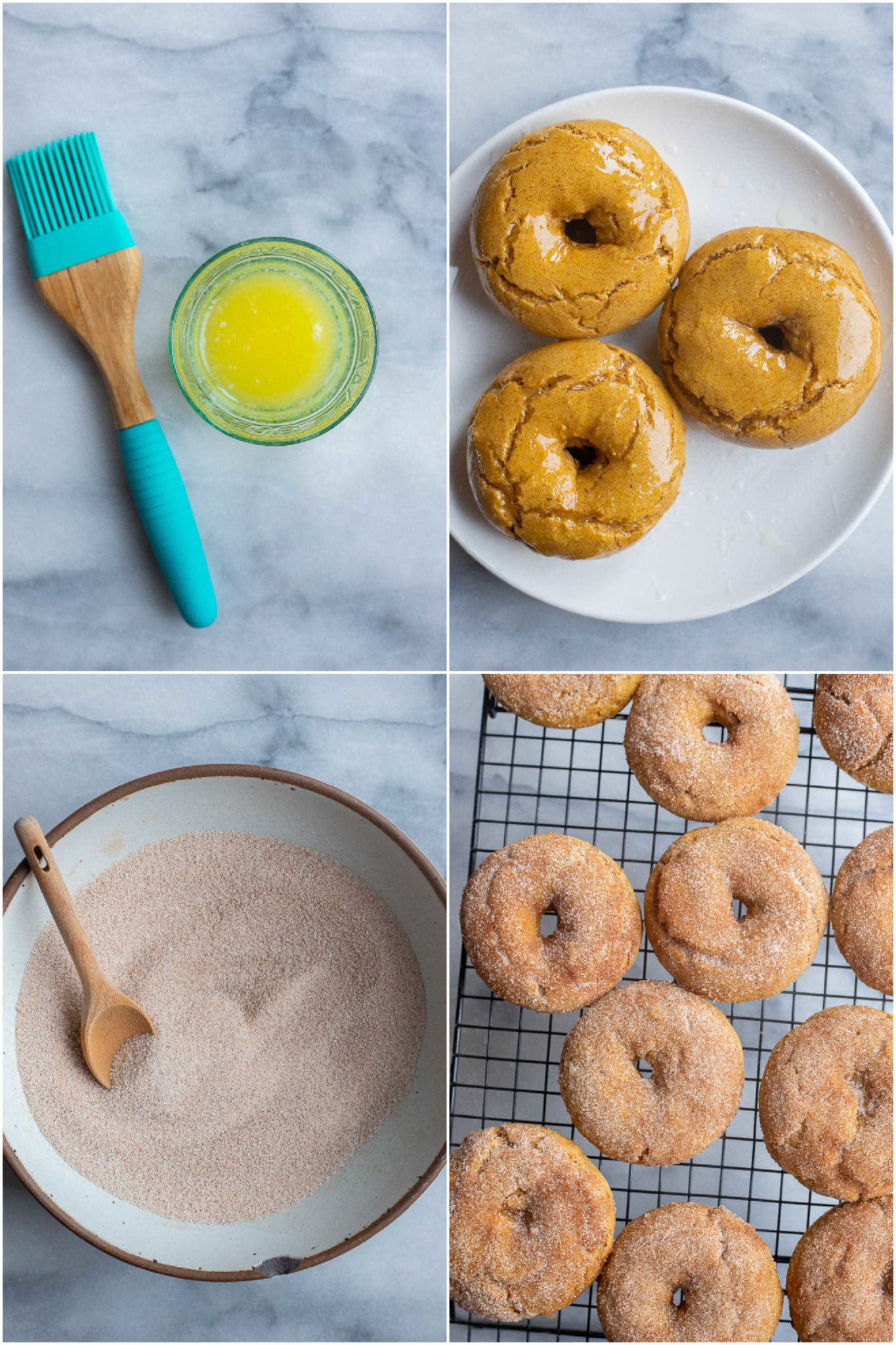 showing how to butter the top of the donuts and top them into the cinnamon sugar mixture