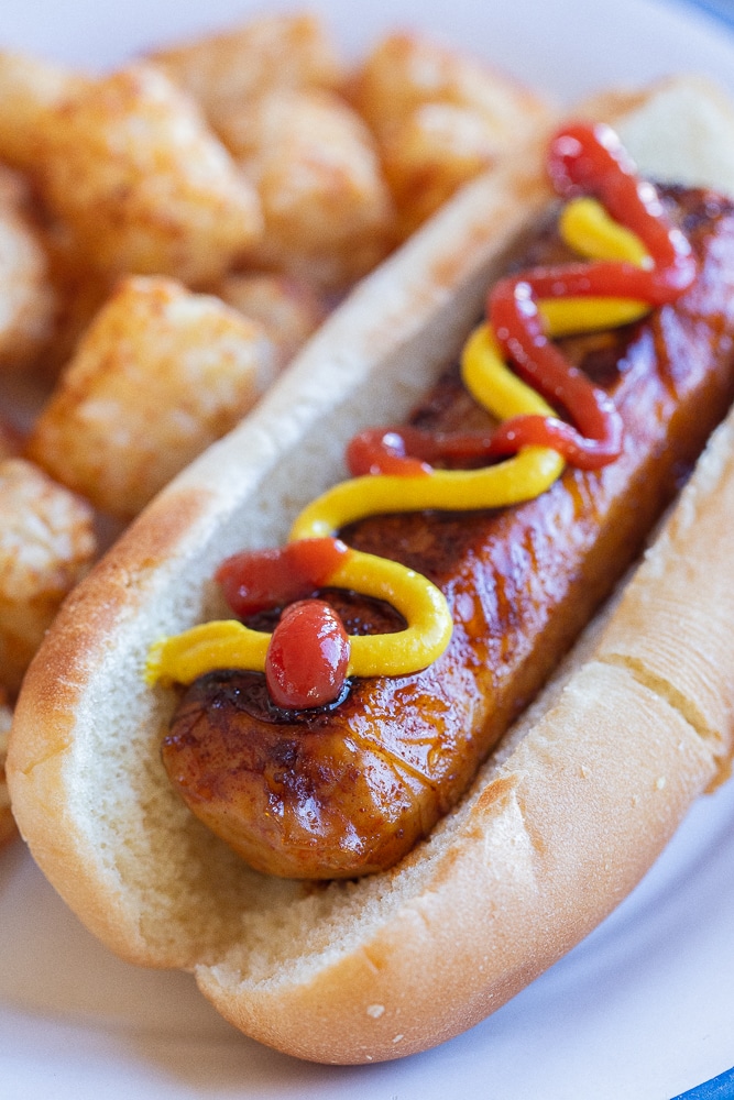 close up of a vegan hot dog in a bun topped with ketchup and mustard
