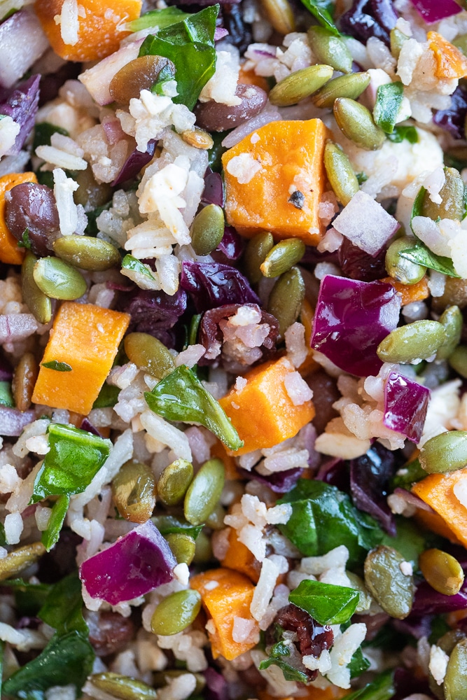 close up of this festive halloween themed veggie salad