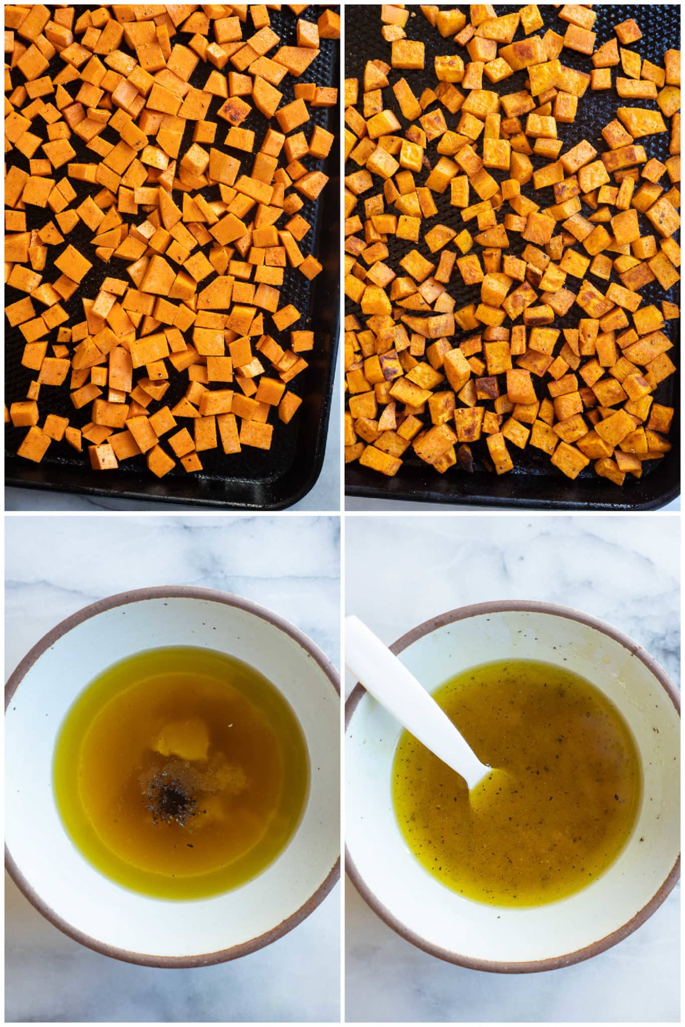 showing how to roast the sweet potatoes and the apple cider vinegar dressing