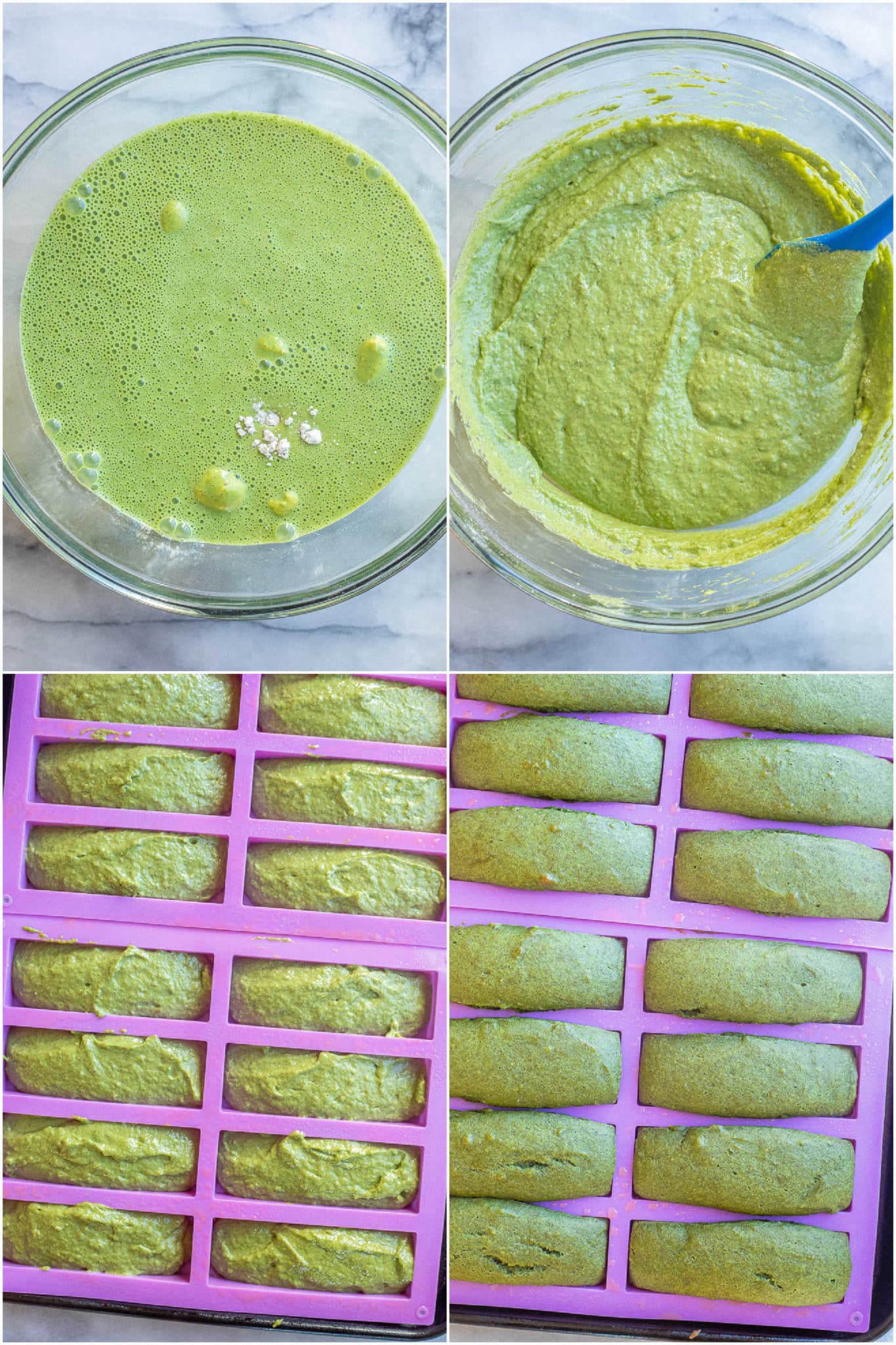 green muffin batter in a granola bar mold before and after it has been baked