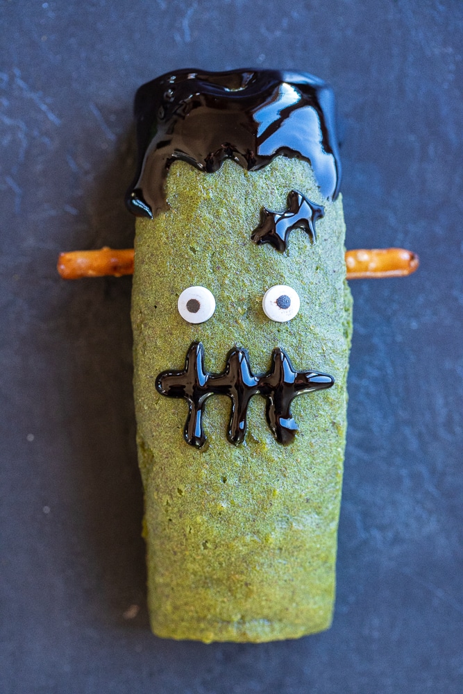 close up of a healthy halloween treat that is shaped like Frankenstein