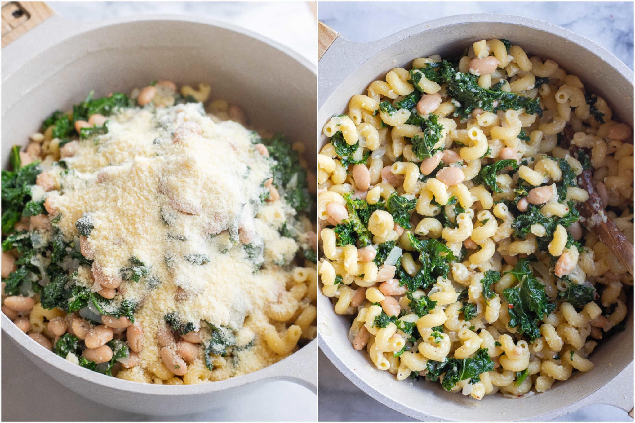 Kale and White Bean Pasta with Parmesan being mixed up in the serving pot