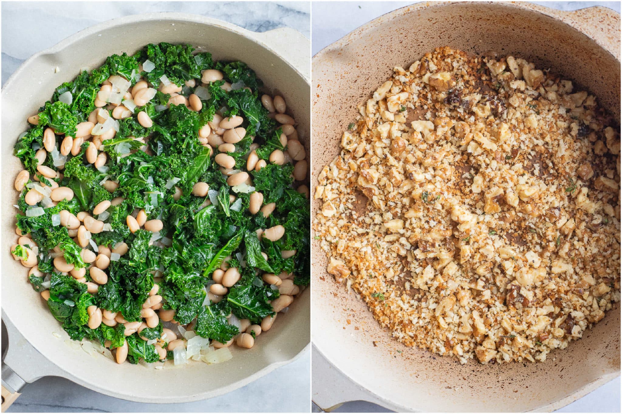 showing how to make white beans and kale as well as the crispy walnut panko topping