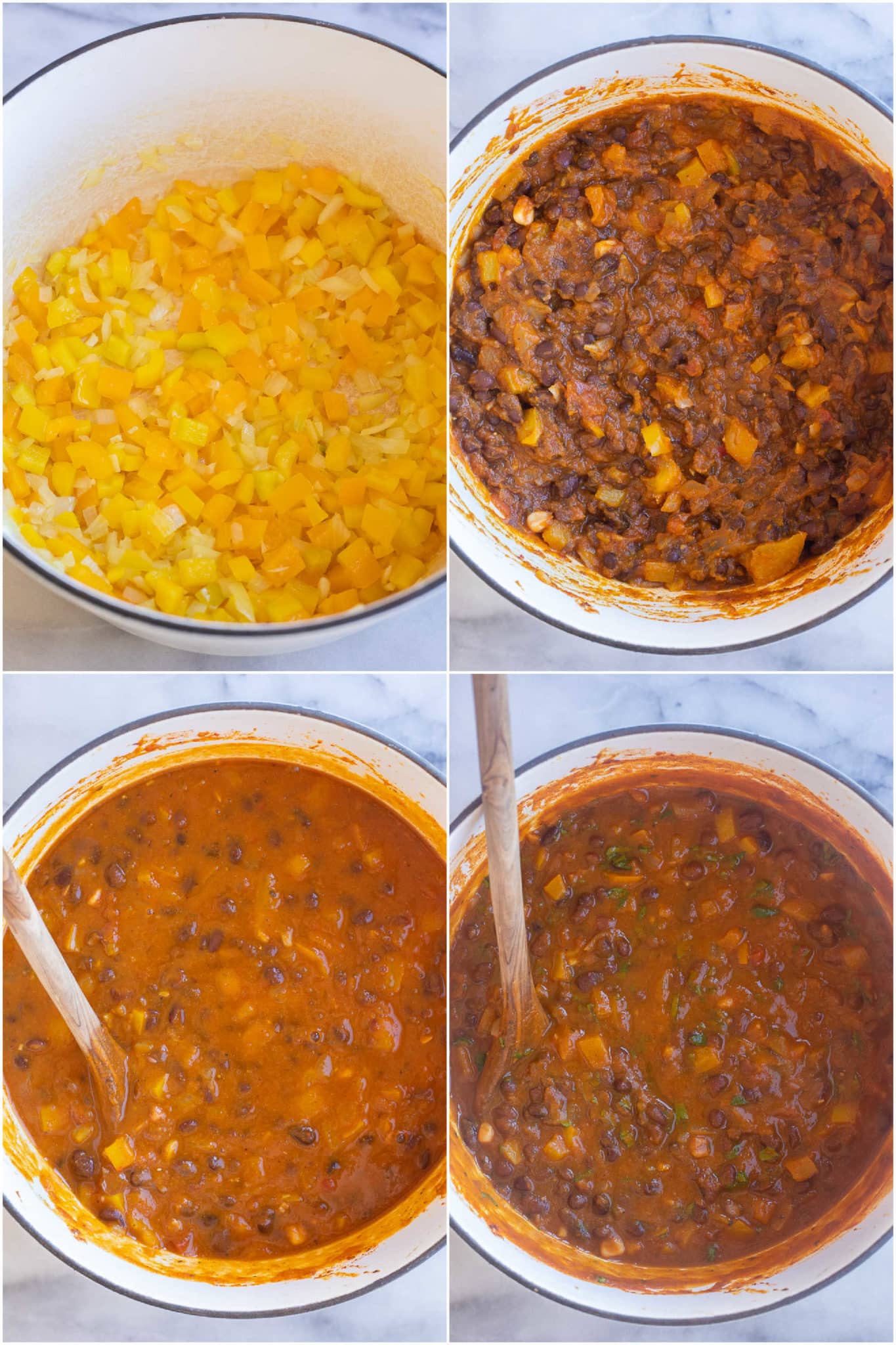 showing how to make pumpkin chili with bell peppers and black beans