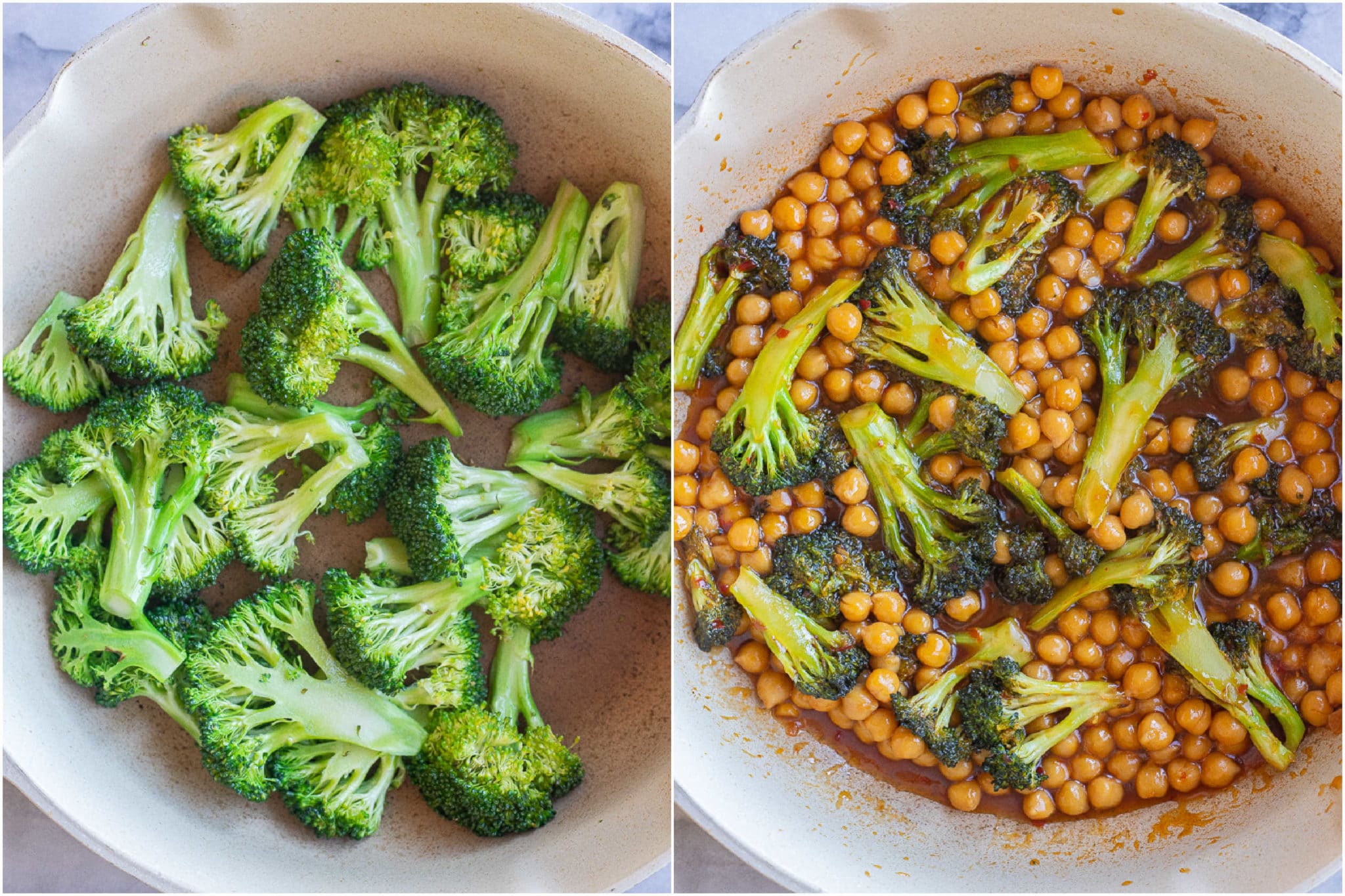 cooked broccoli in the pan with the sauce and chickpeas