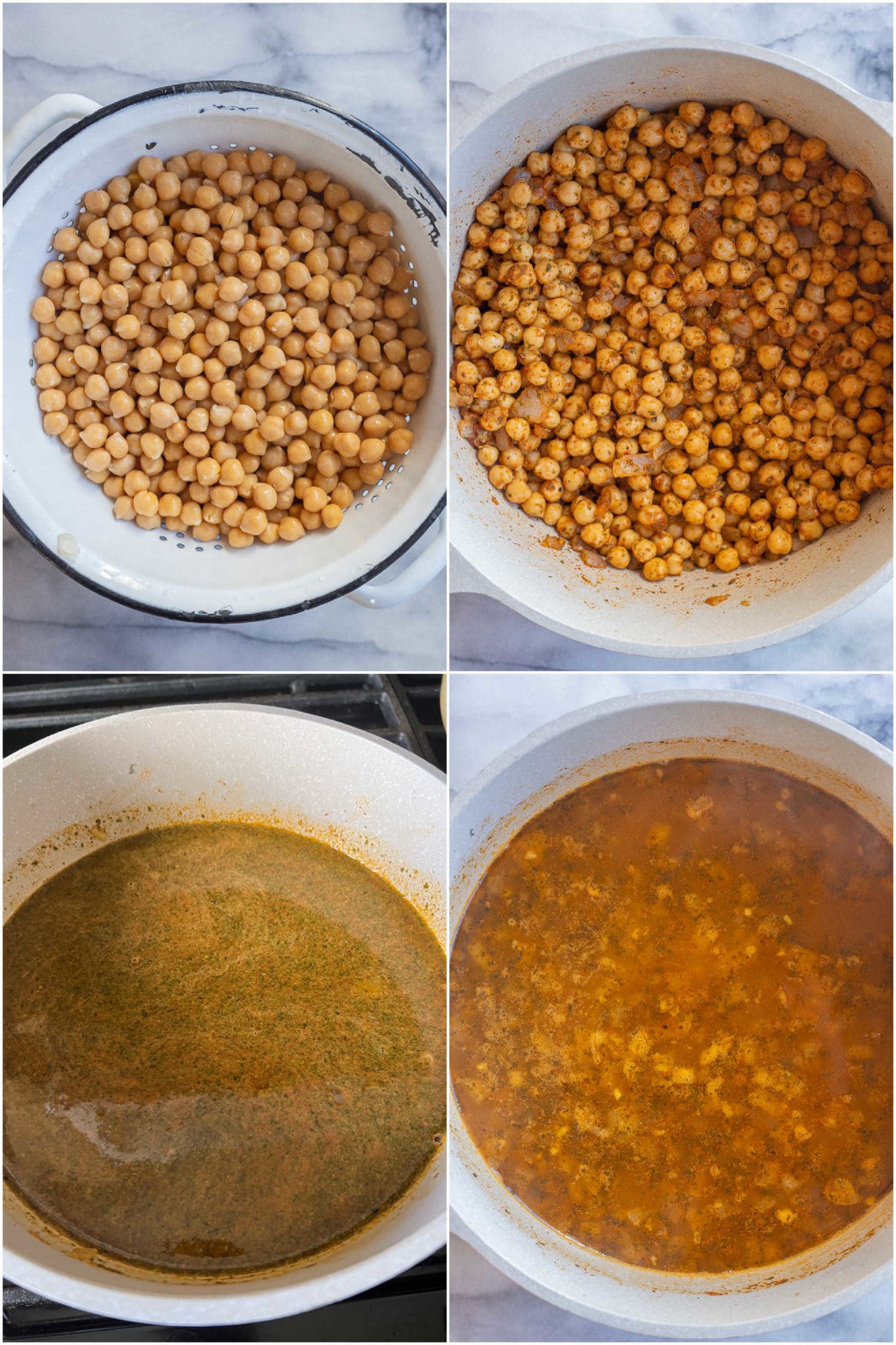 showing how to make easy falafel soup with canned chickpeas, spices and broth
