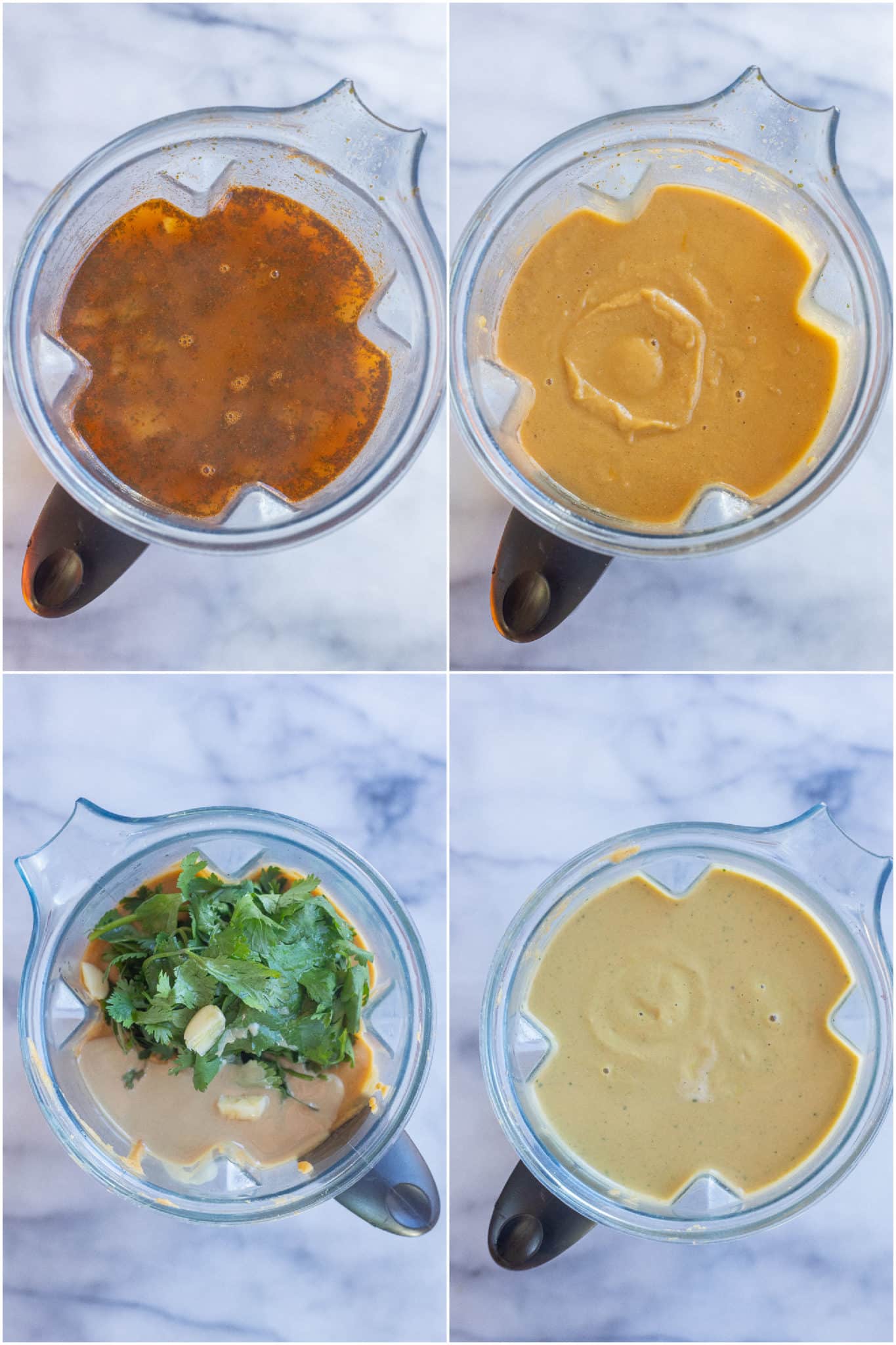 showing how to blend the chickpea soup in the blender with tahini and fresh herbs