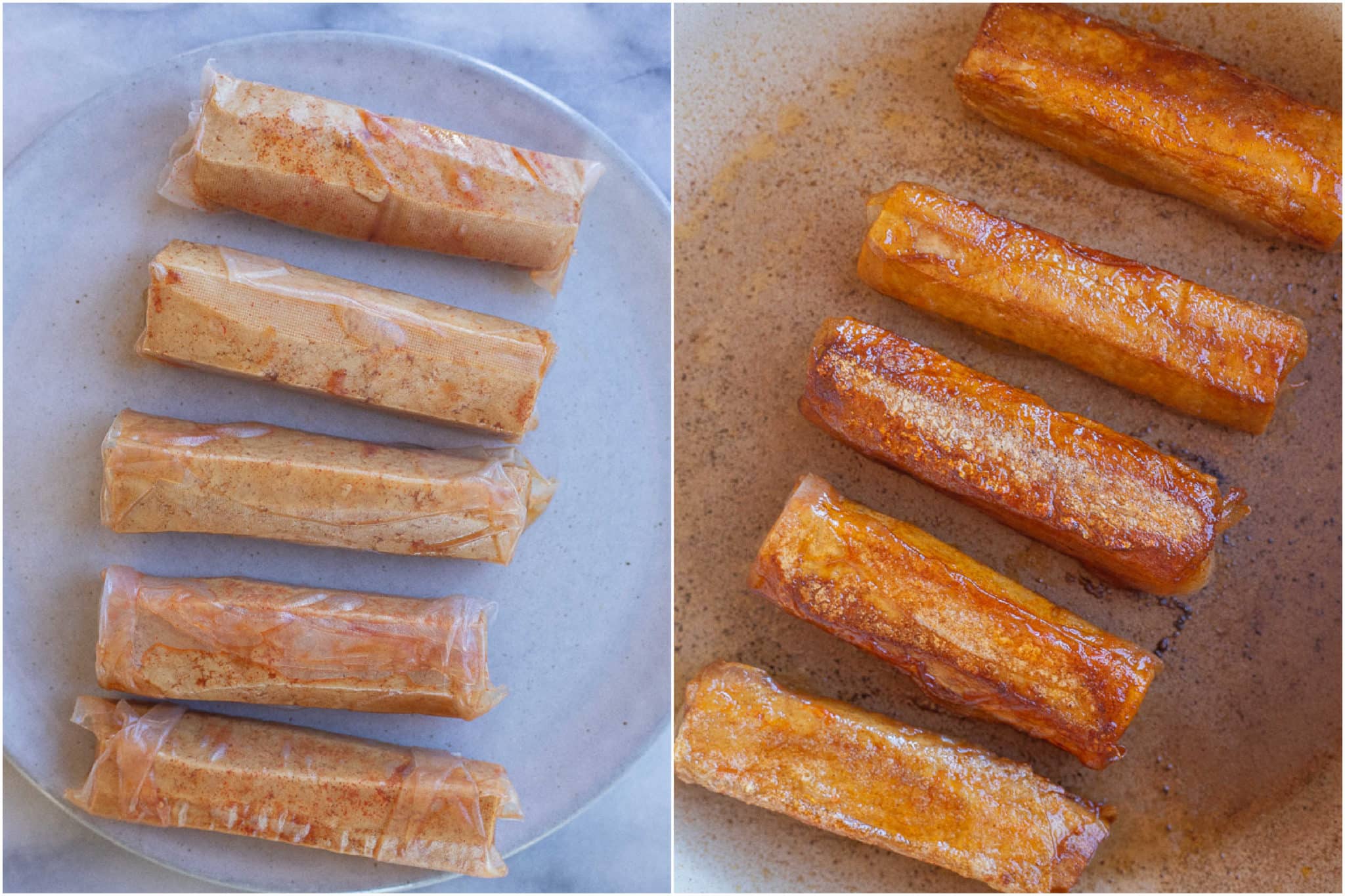 tofu hot dogs before and after they have been cooked