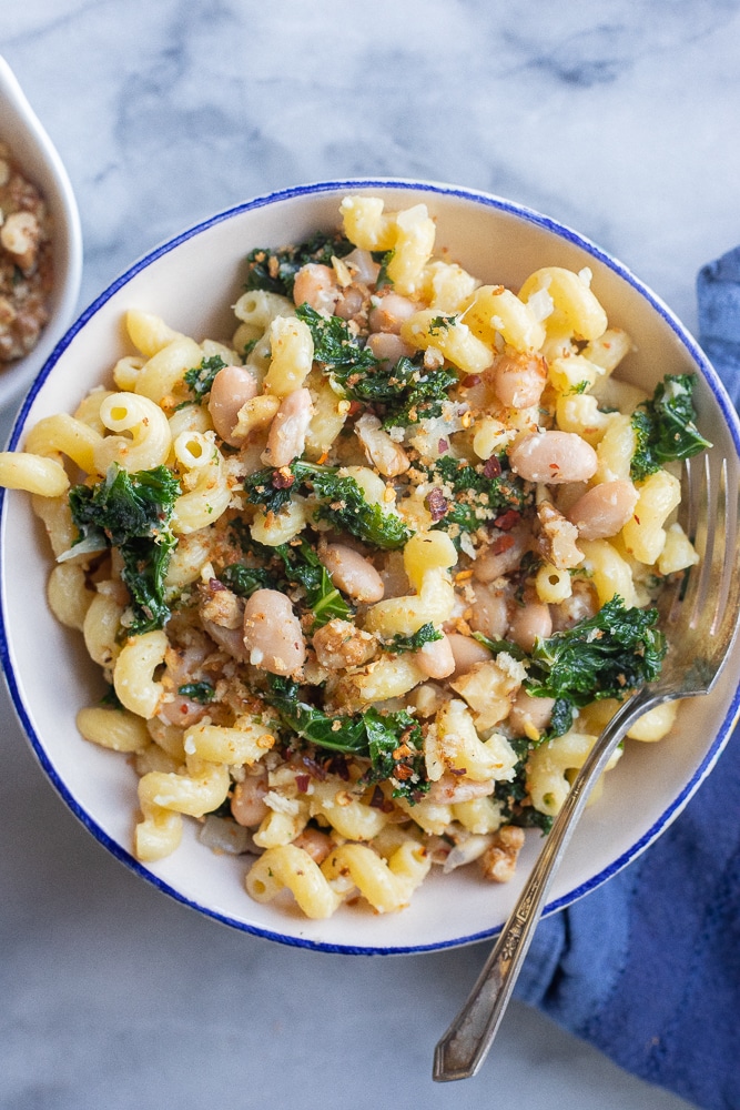 bowl of kale and white bean pasta with parmesan with a fork and a blue napkin