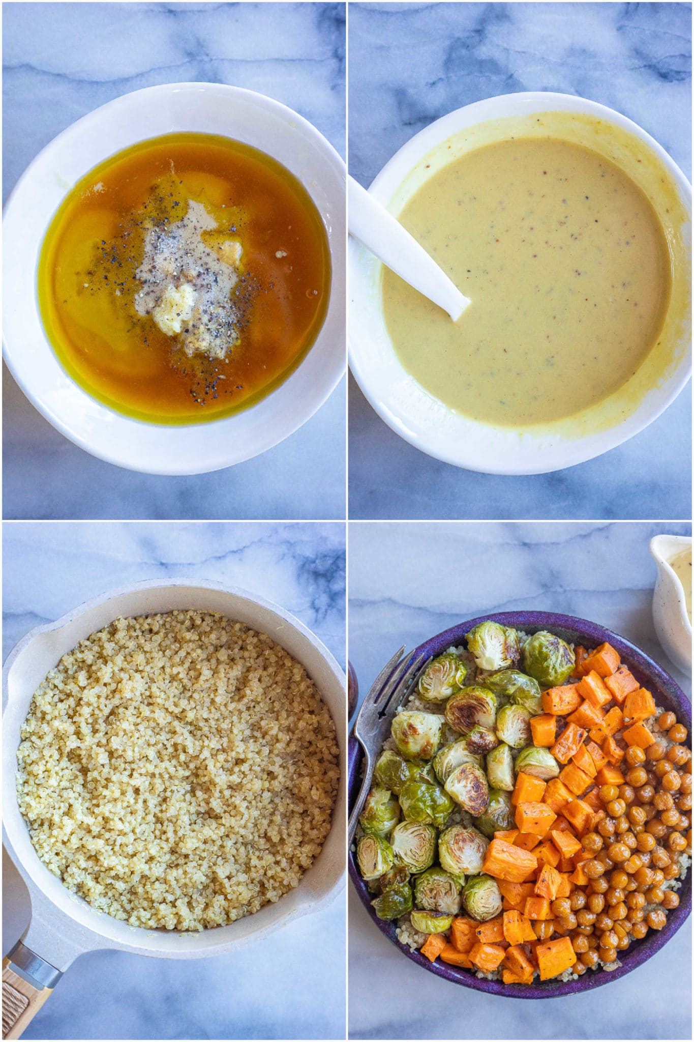 showing how to make the creamy honey mustard dressing and the quinoa for these hearty buddha bowls.