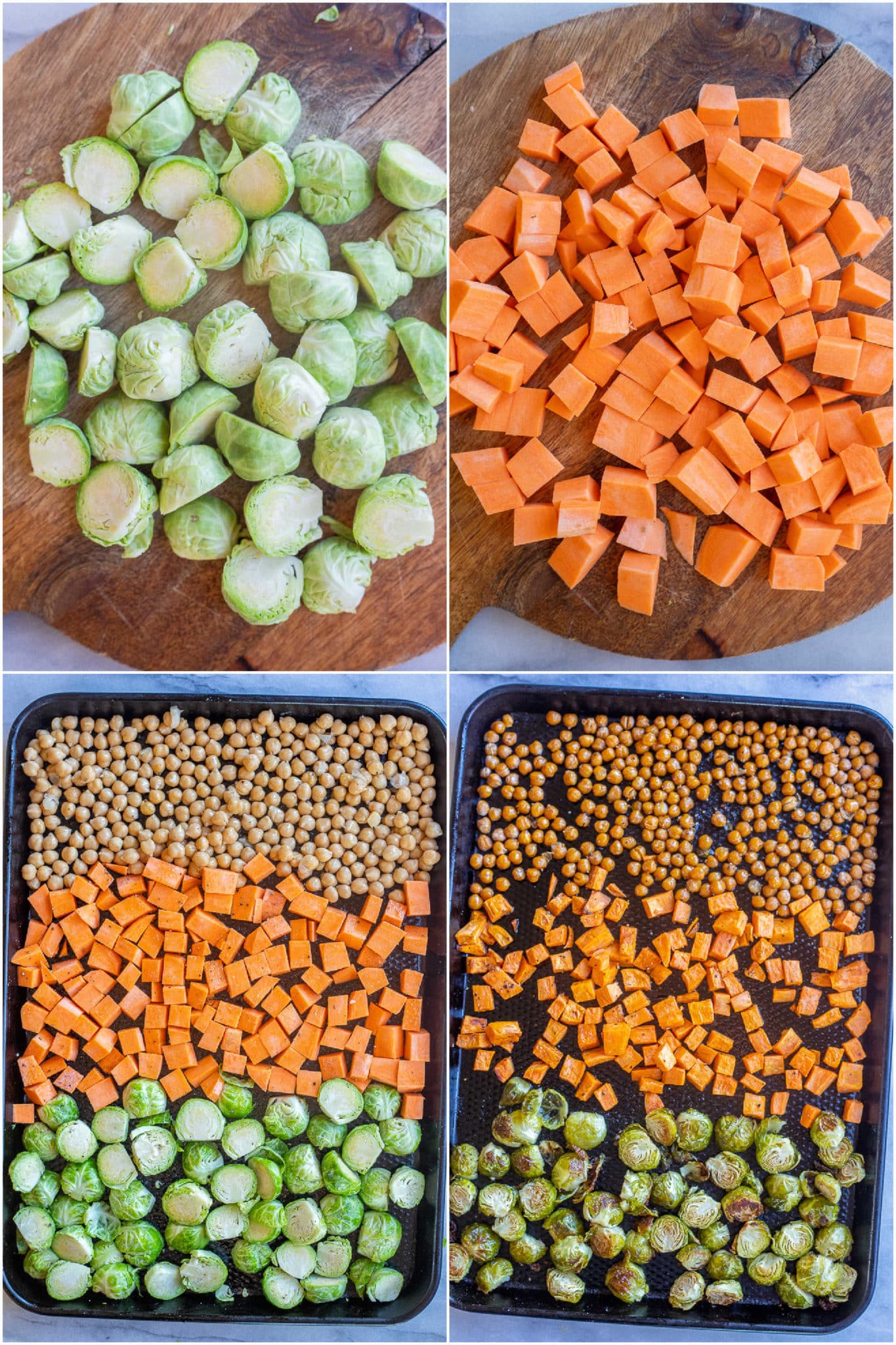 showing how to prepare the roasted veggies and chickpeas on a sheet pan