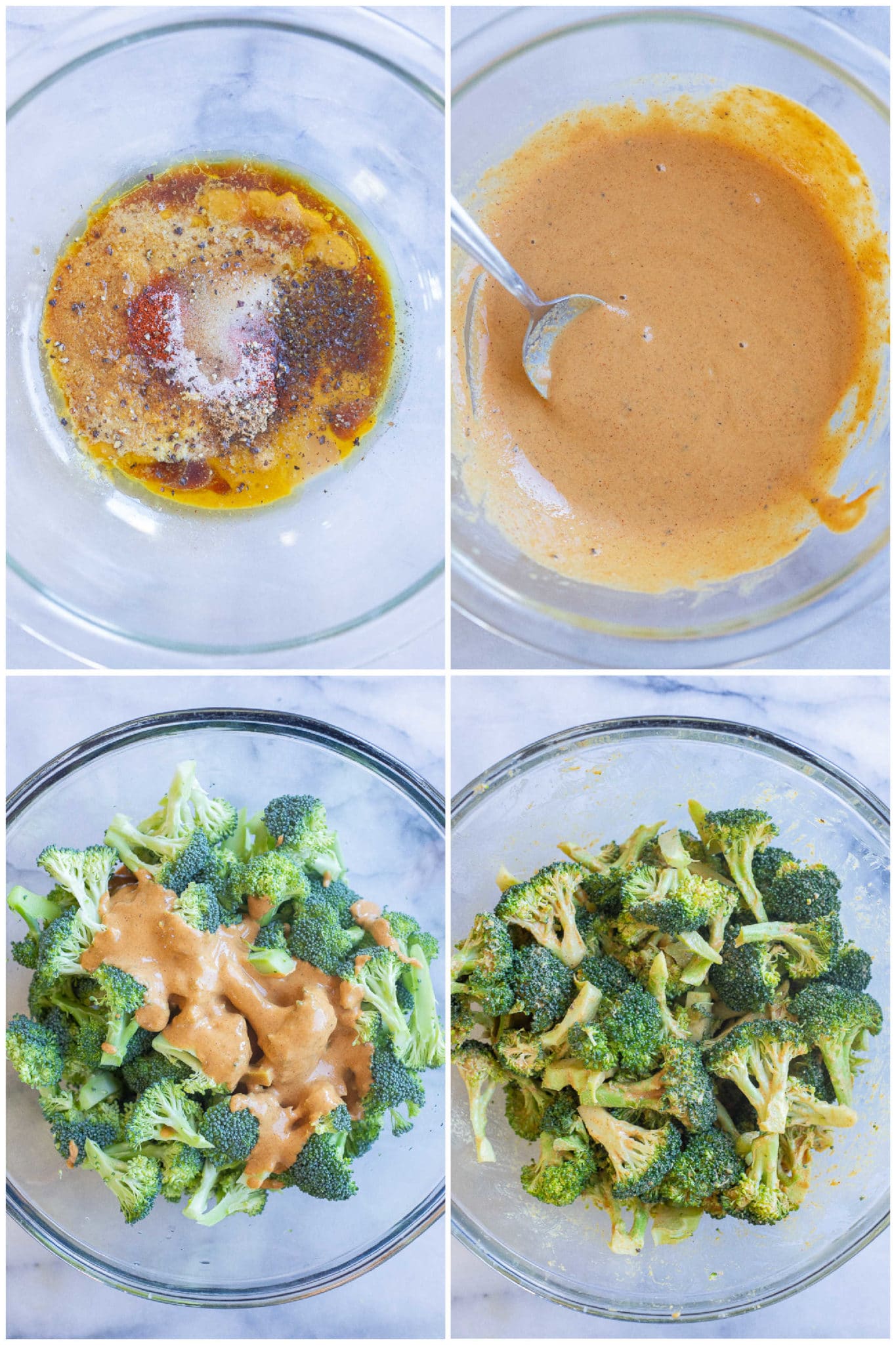 showing how to make the creamy tahini sauce and then toss it with the broccoli florets