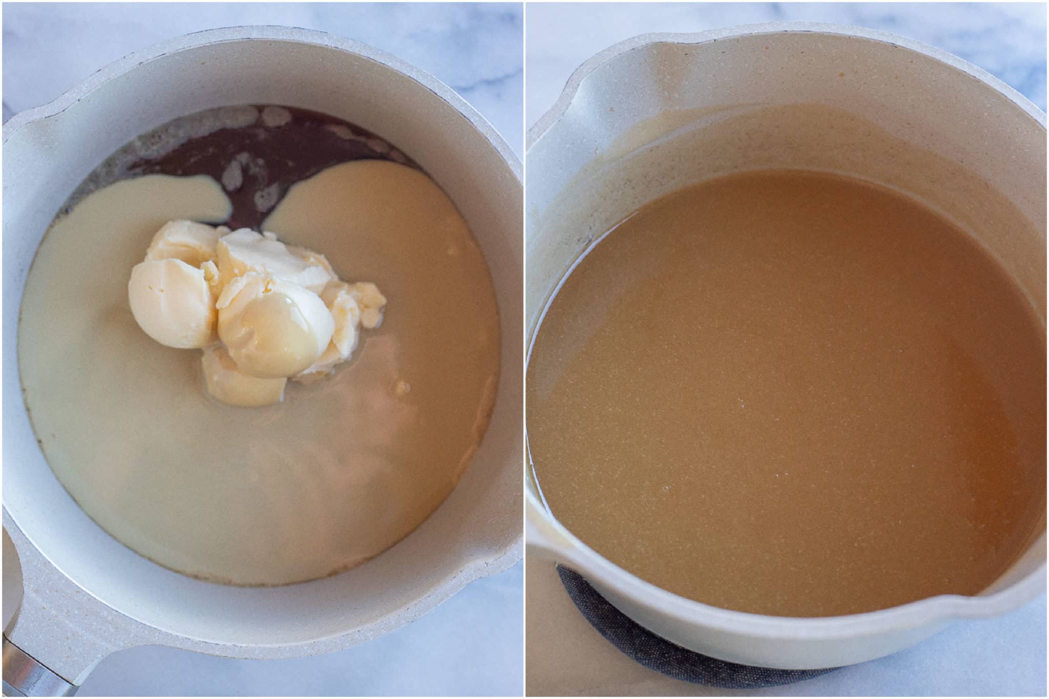 showing how to make vegan caramel sauce by mixing all the ingredients together in a pan