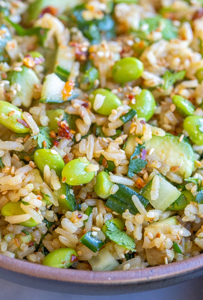 close up of edamame and rice salad with garlic ginger dressing