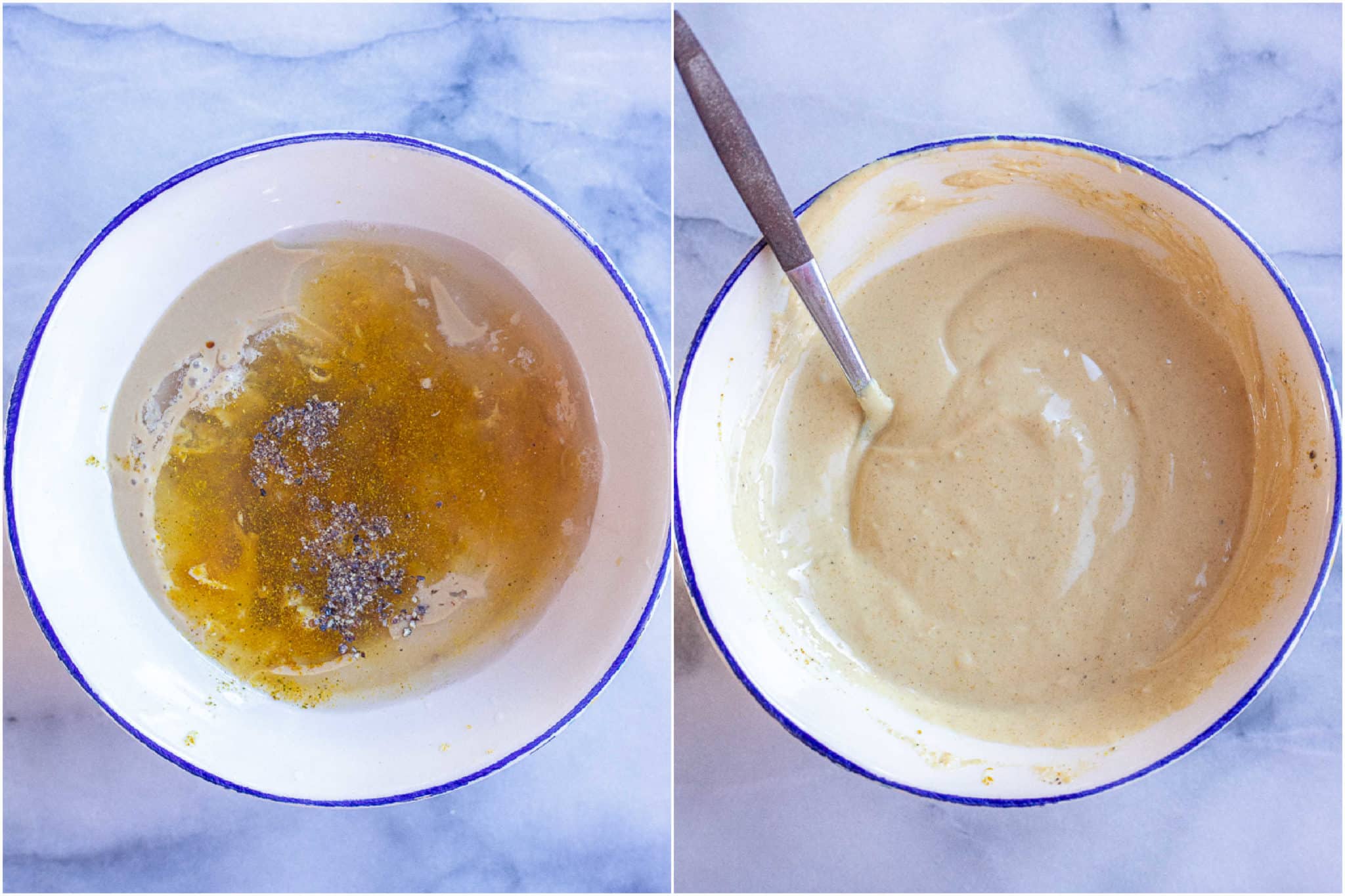showing the curry tahini sauce before and after it has been mixed up