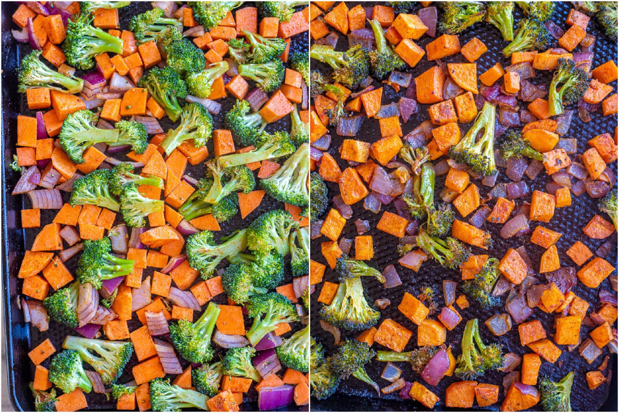 showing roasted sweet potato, broccoli and red onion before and after it has been roasted