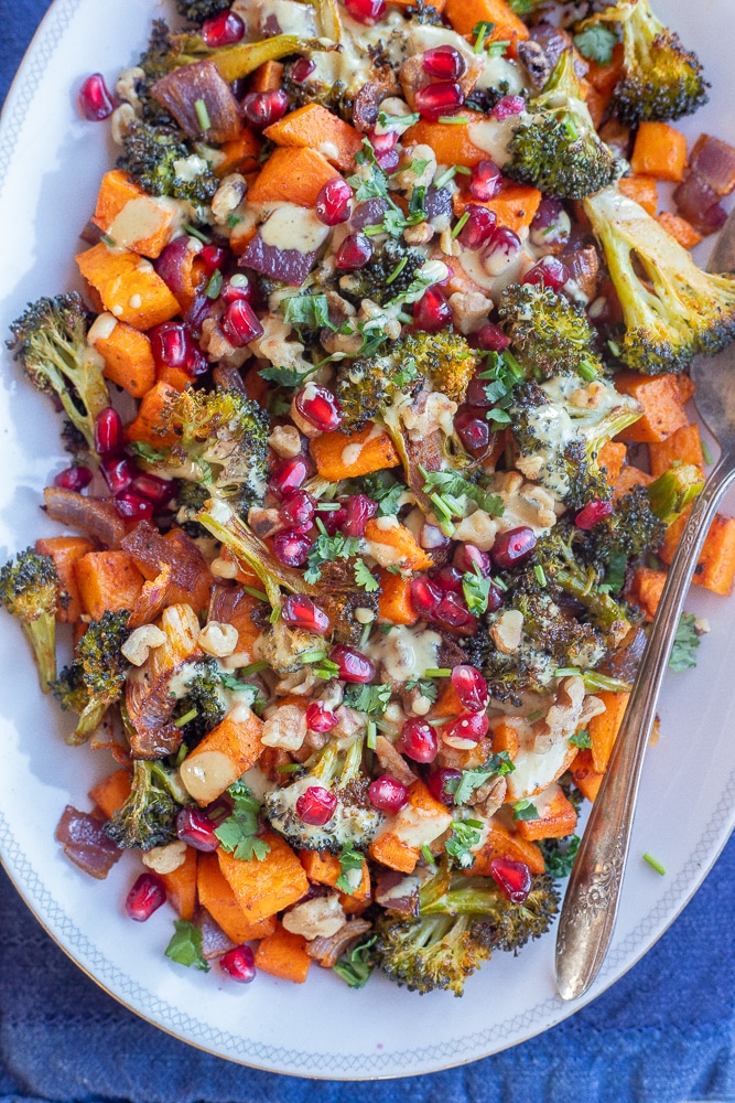 Thanksgiving roasted vegetables on a serving platter