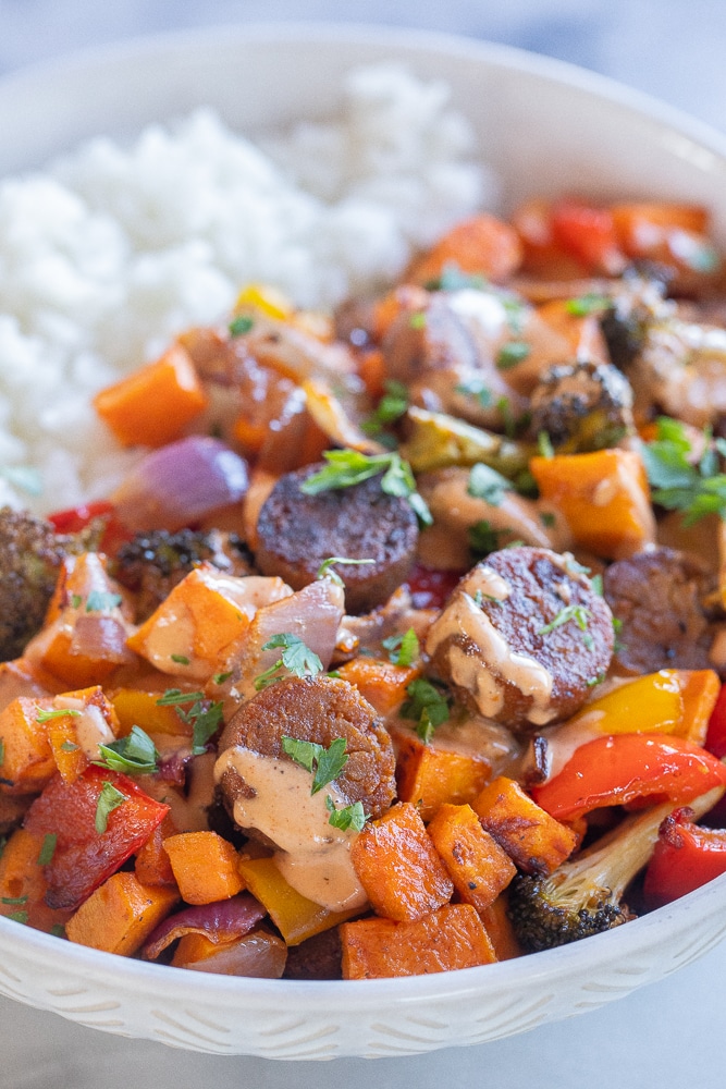 Vegetarian Sheet Pan Dinner with BBQ Tahini Sauce - She Likes Food