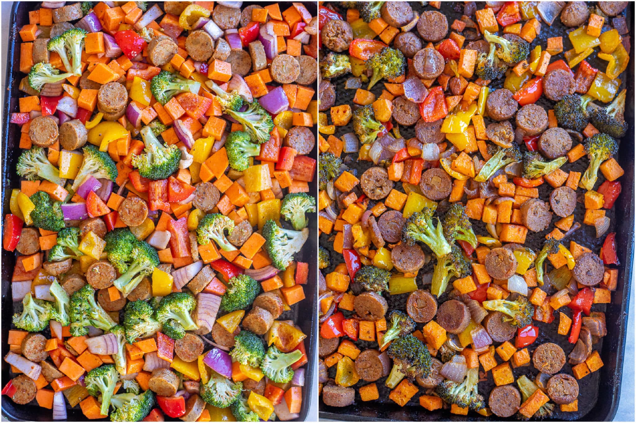 sheet pan roasted veggies ands sausage before and after it has gone in the oven