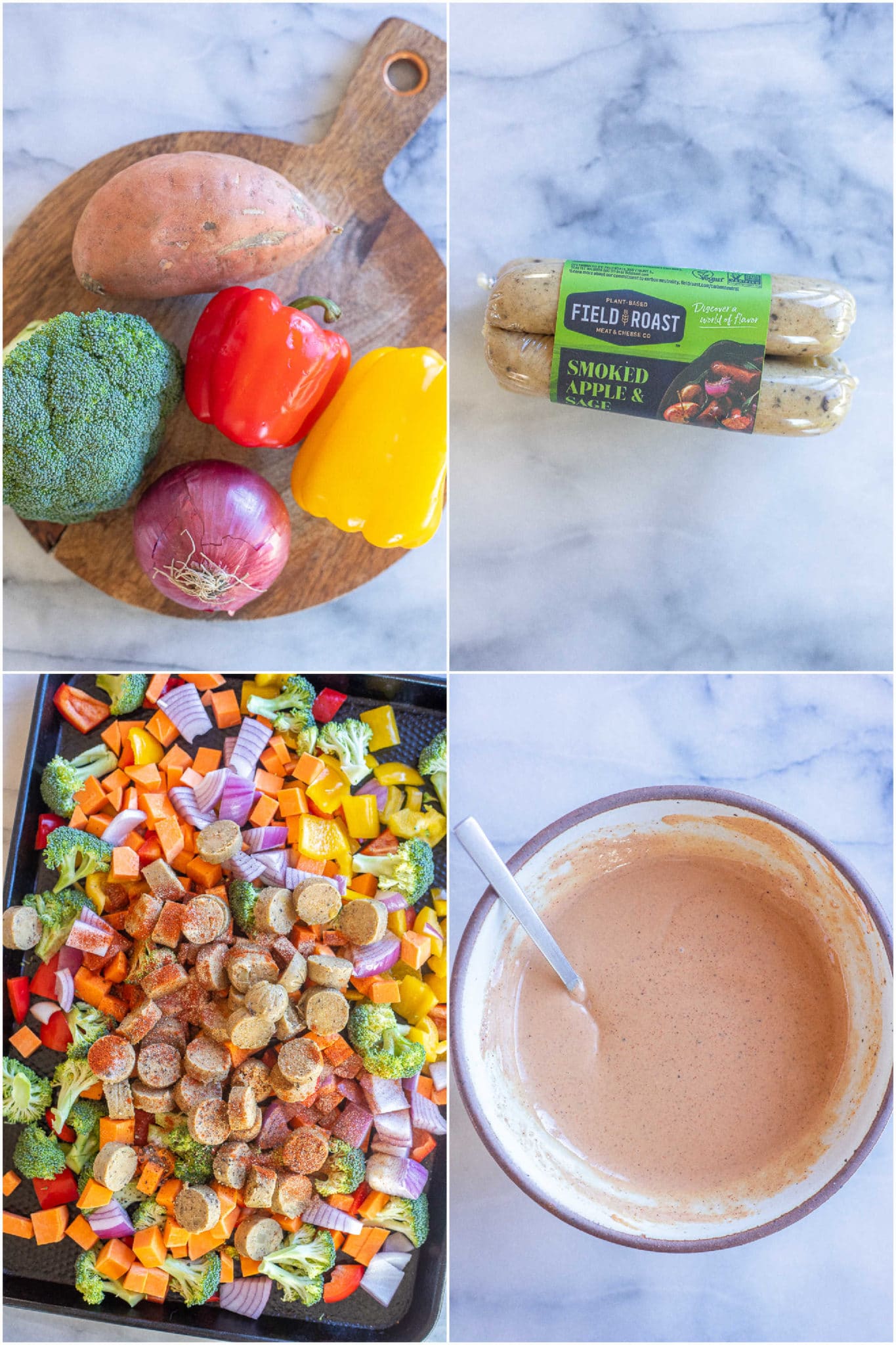 showing the ingredients used to make this roasted vegetable and sausage bake with a creamy bbq tahini sauce