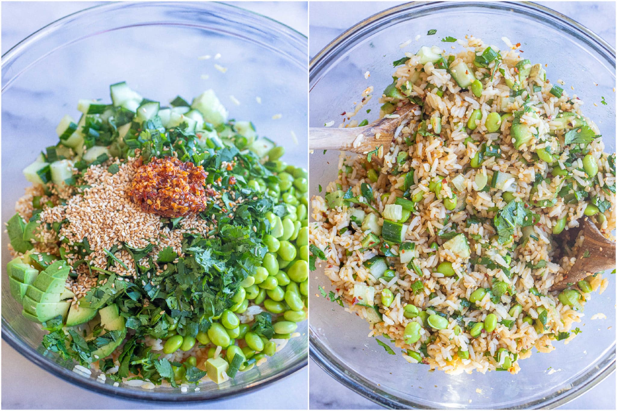 all the green veggies added to the bowl with the rice for this easy rice salad
