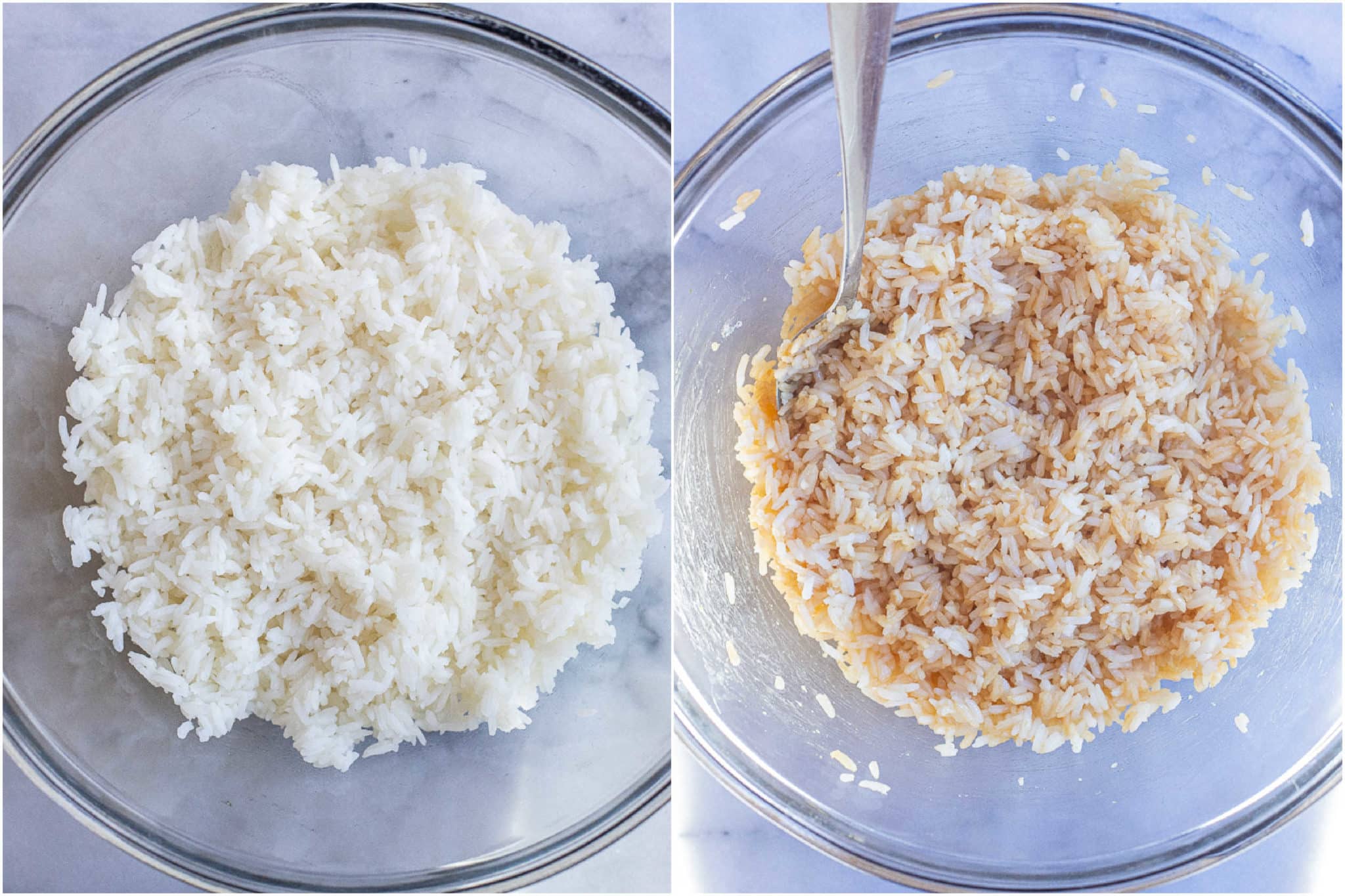 showing how to season white rice with soy sauce and toasted sesame oil