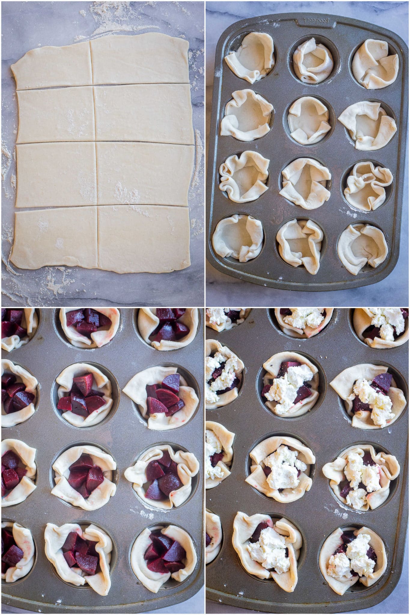 steps for making these easy beet and goat cheese puff pastry bites