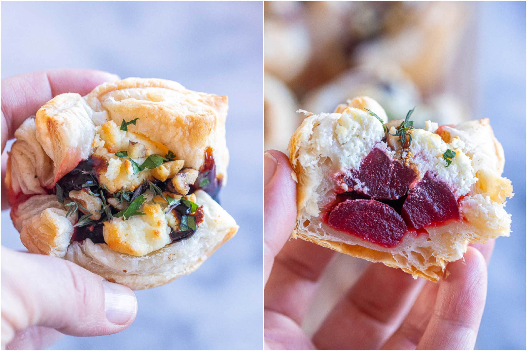 a goat cheese puff pastry bite being held by a hand and then another cut in half so you can see the inside