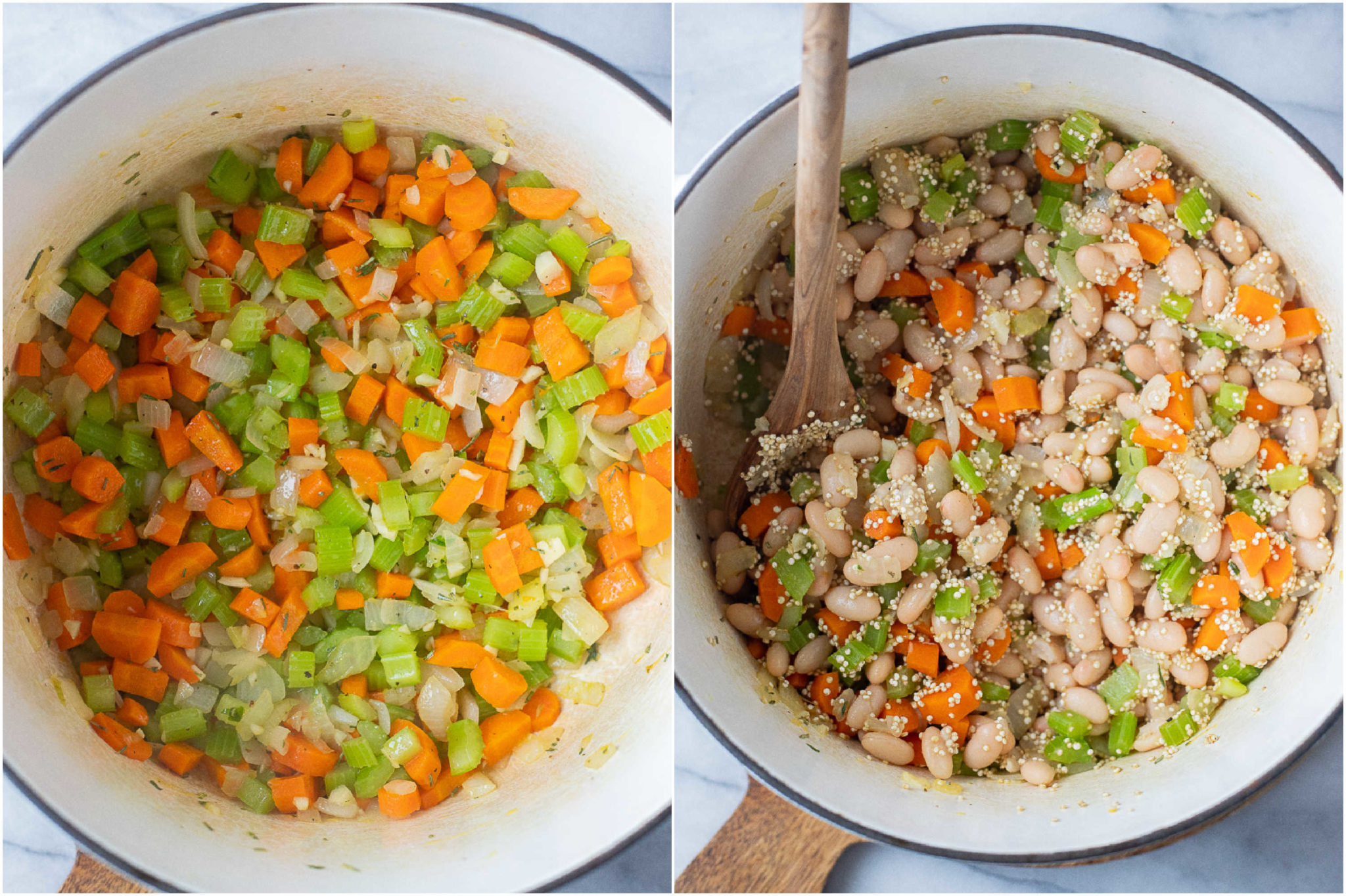showing how to make this white bean soup with onion, carrot, celery and quinoa