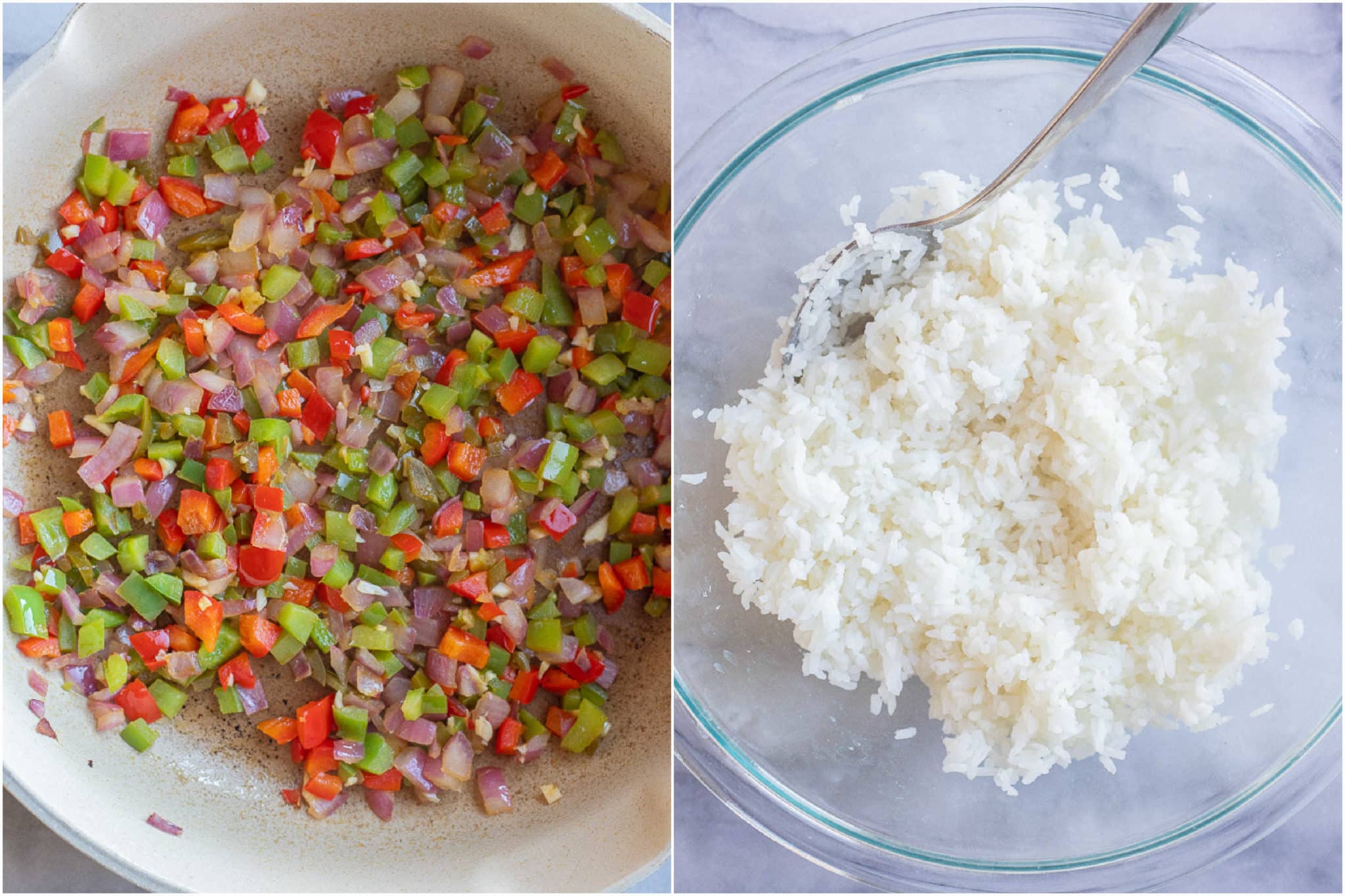 leftover rice and cooked peppers and onions