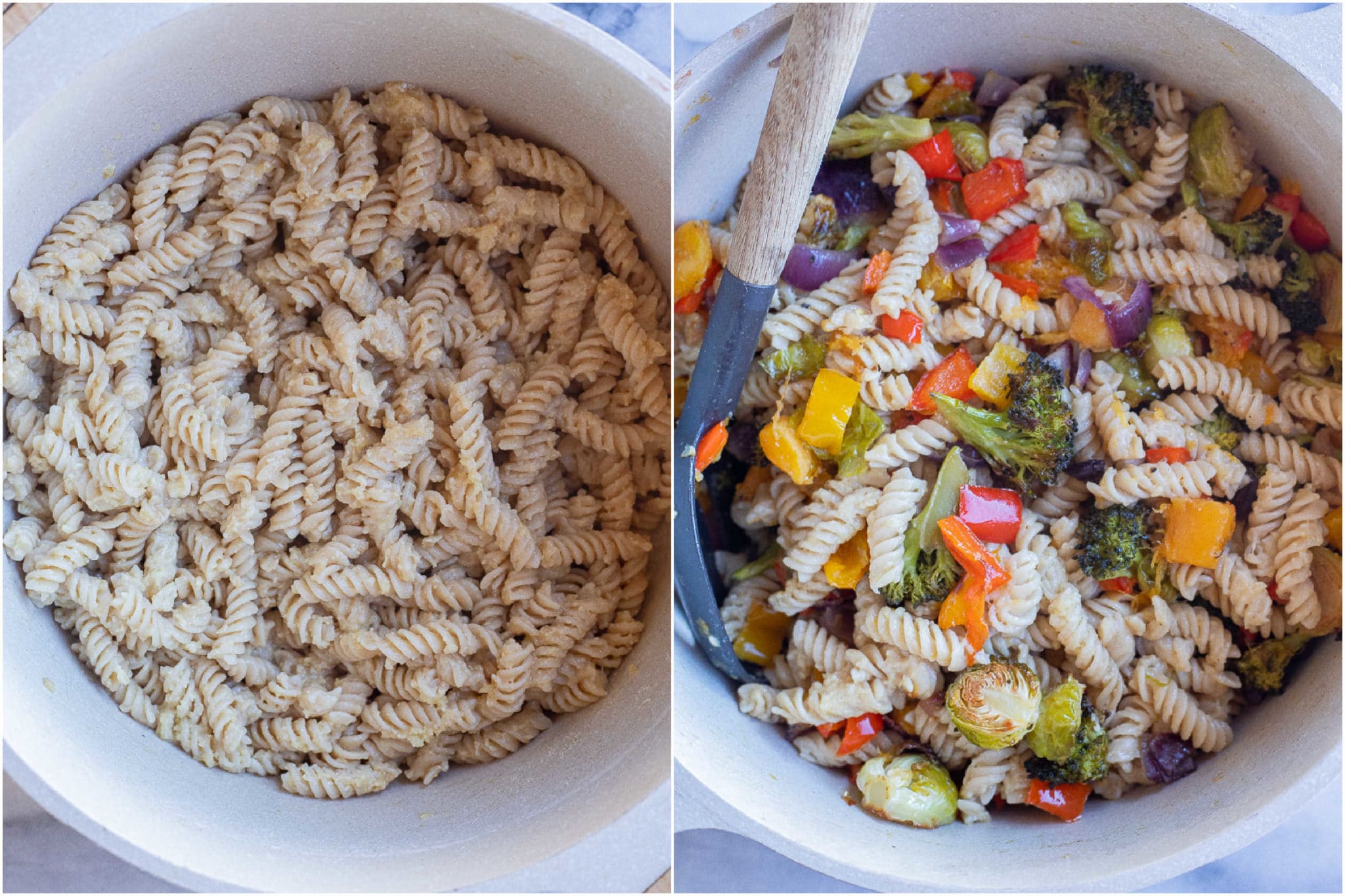 gluten free parmesan pasta mixed with the roasted vegetables for this easy vegetarian dinner recipe