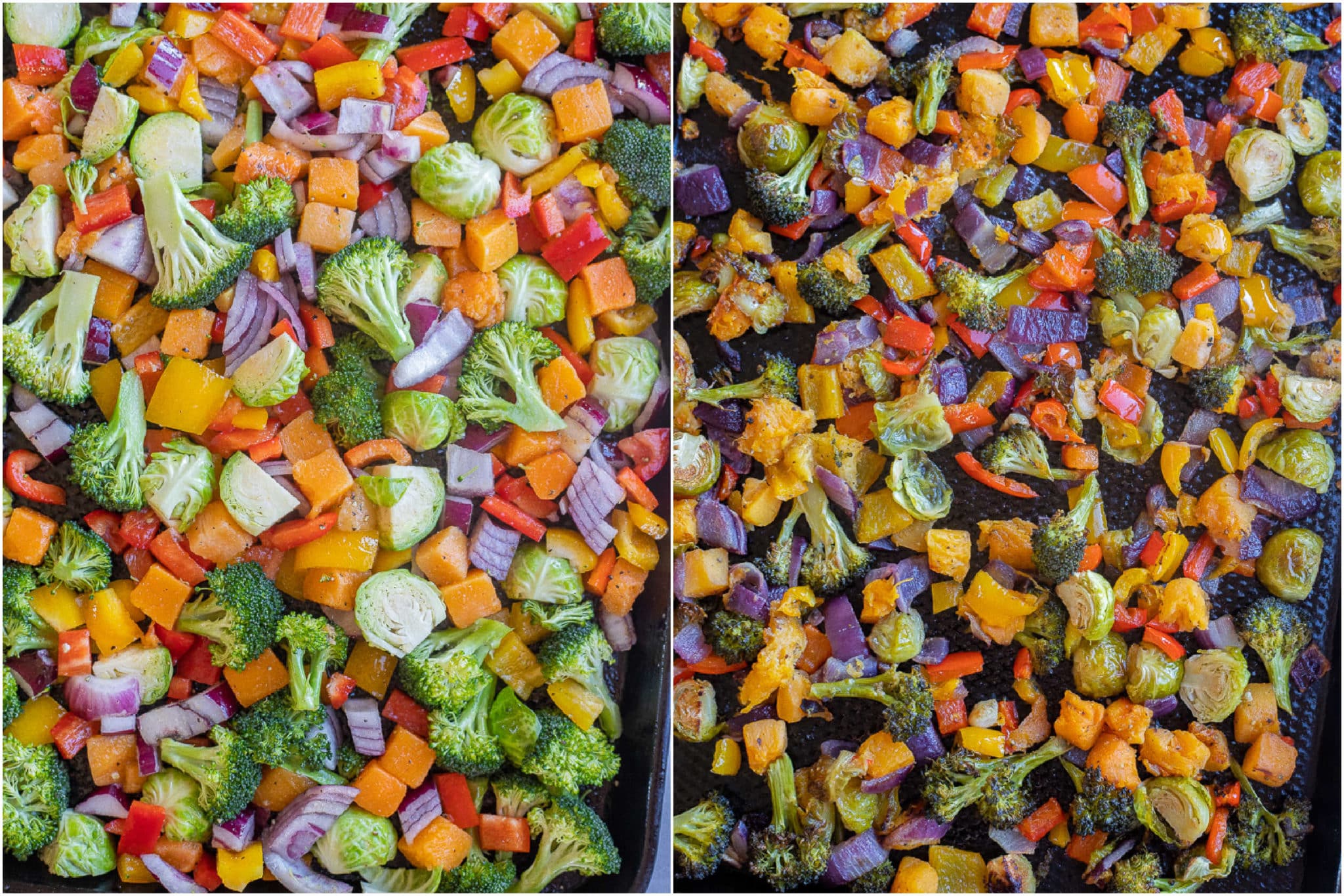 vegetables on a sheet pan before and after they have been roasted