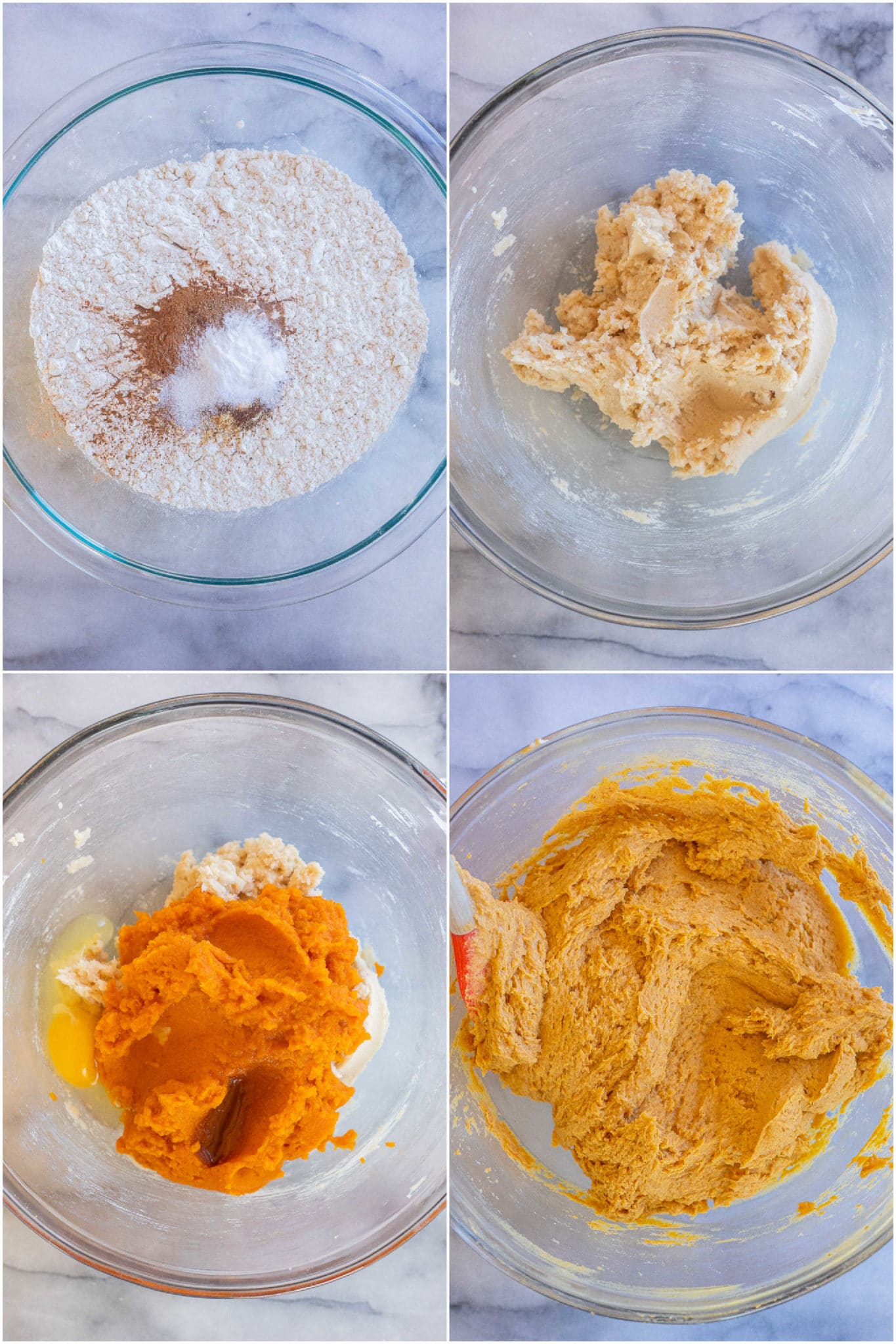 showing the steps to make the pumpkin cookie batter