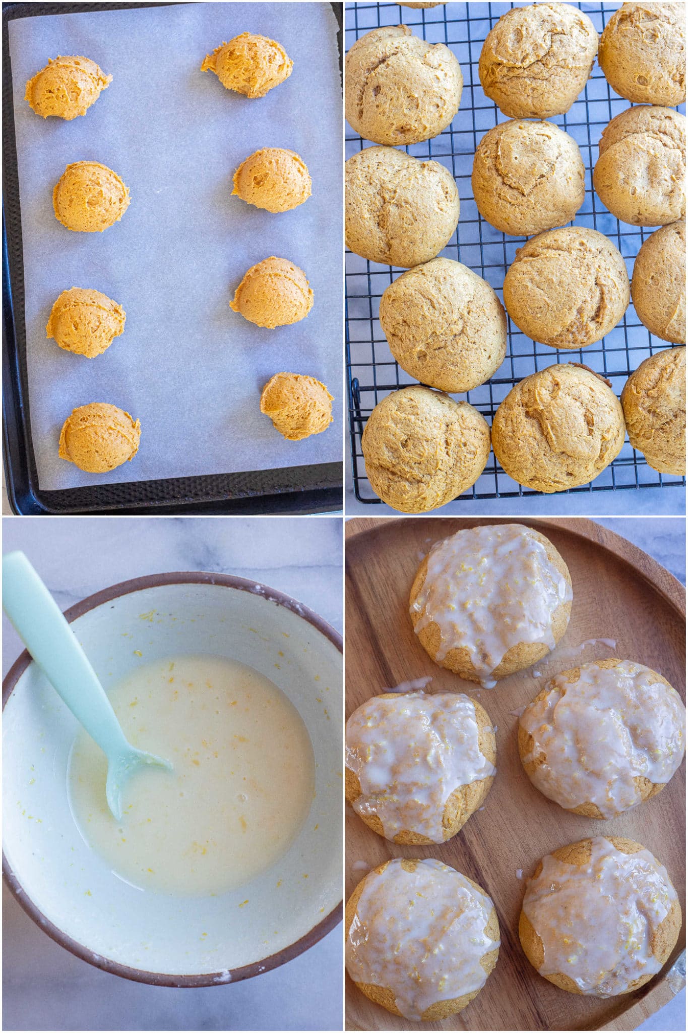 soft pumpkin cookies before and after they've been baked and the orange glaze recipe for the cookies