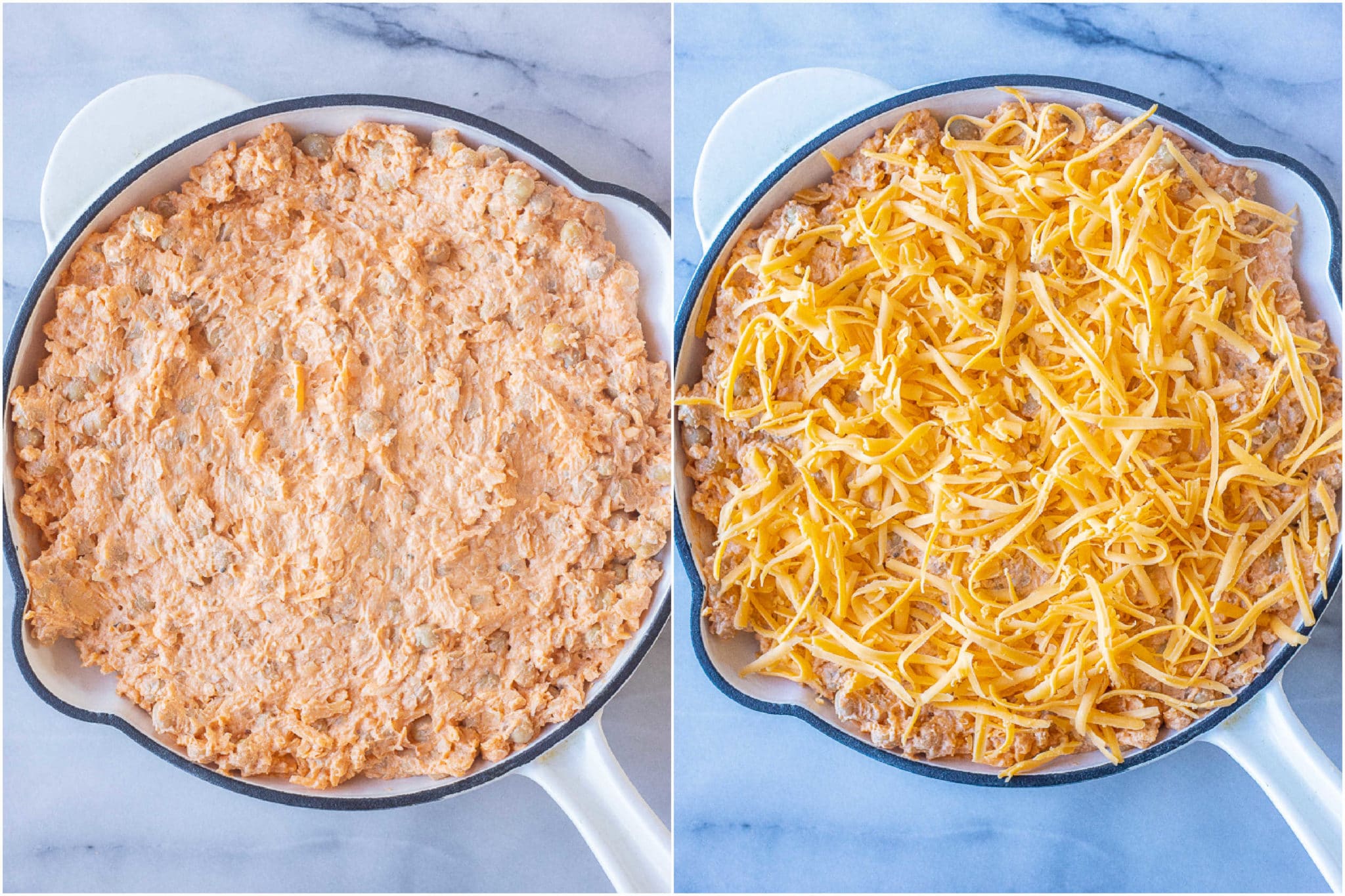 buffalo chickpea dip in a skillet topped with cheddar cheese