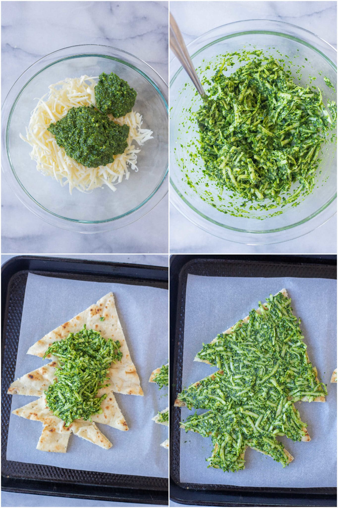 showing how to mix the cheese and pesto together to make the green cheesy pesto topping