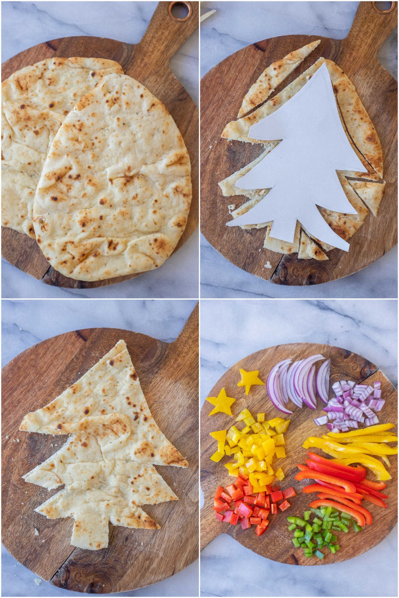 showing how to cut the naan bread into a tree shape and the veggies cut up for the pesto pizza toppings