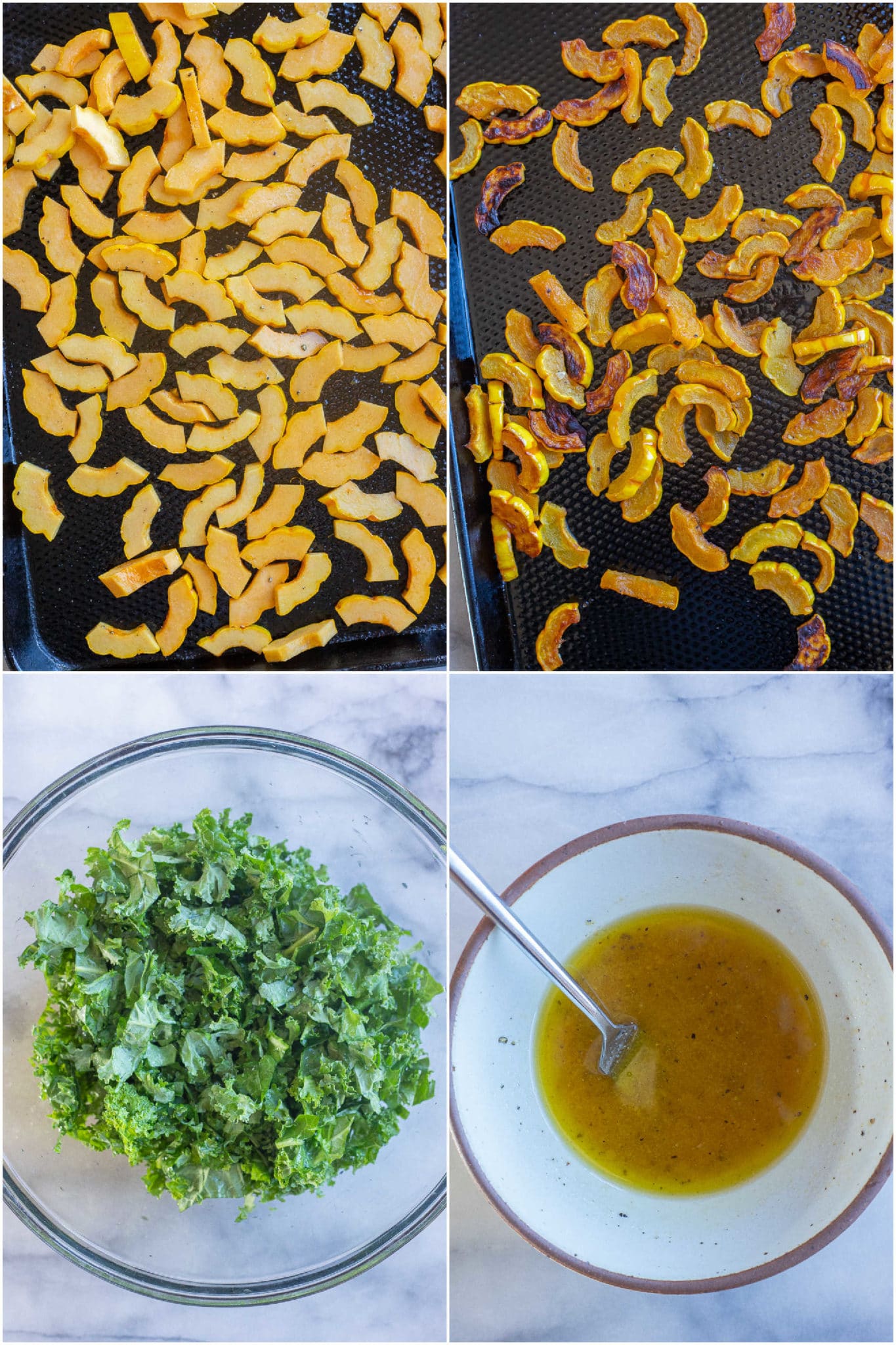 showing how to roast the winter squash and prepare the kale and salad dressing