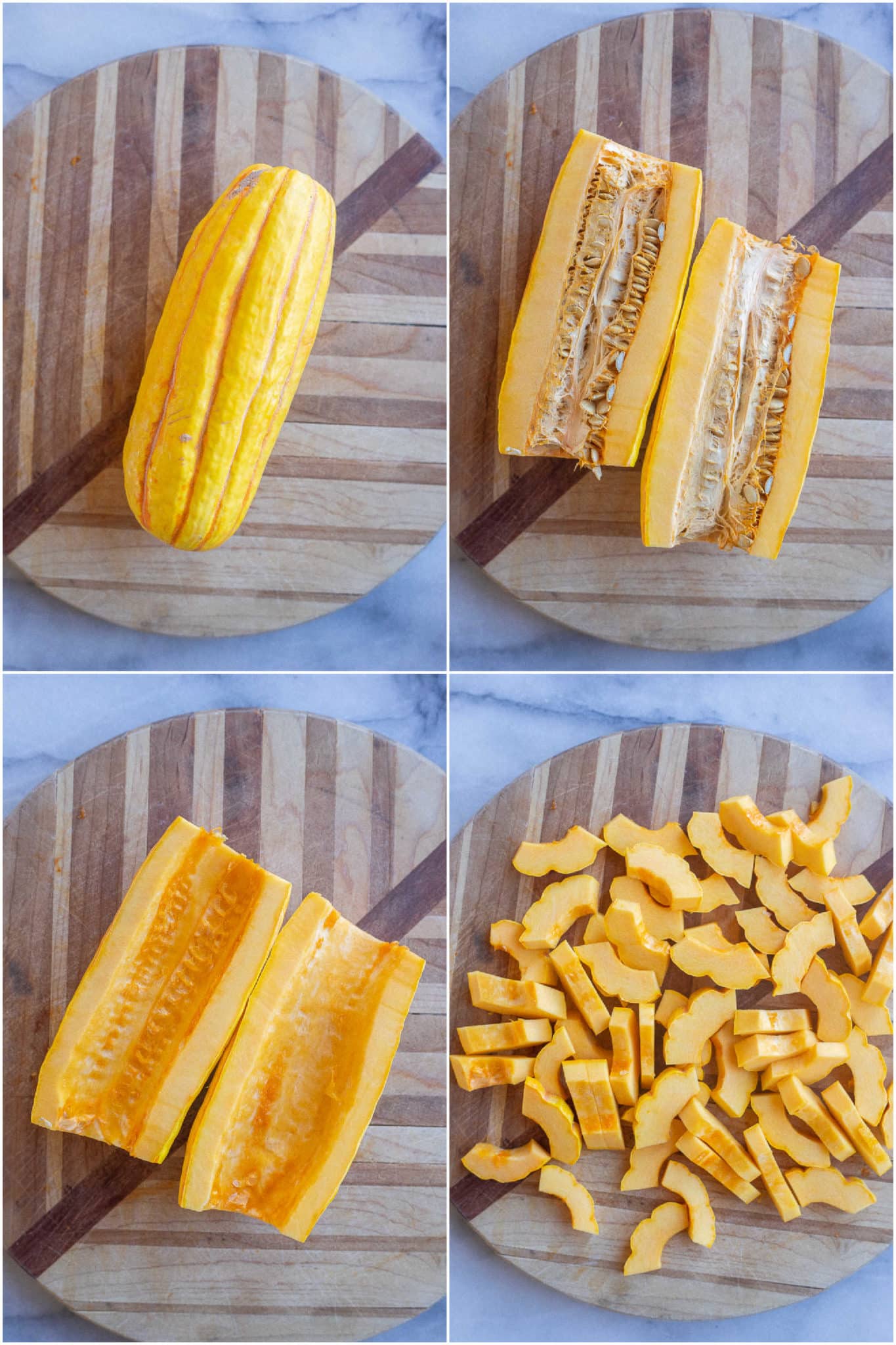 showing step by step instructions on how to cut up a delicata squash into little pieces