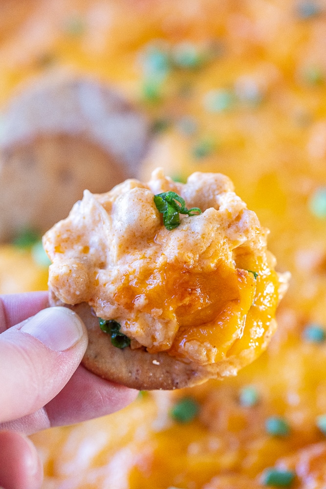 close up of some buffalo chickpea dip on a cracker