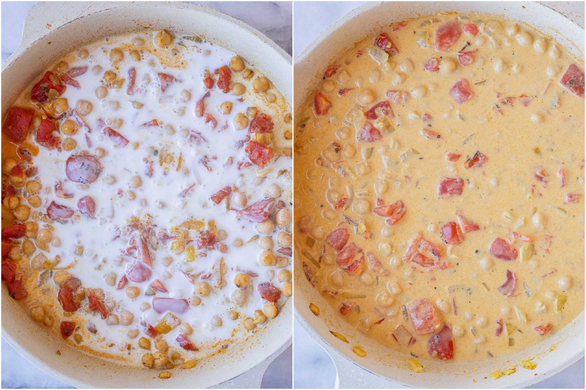 showing the process of how to cook a chickpea curry in a saucepan with coconut milk