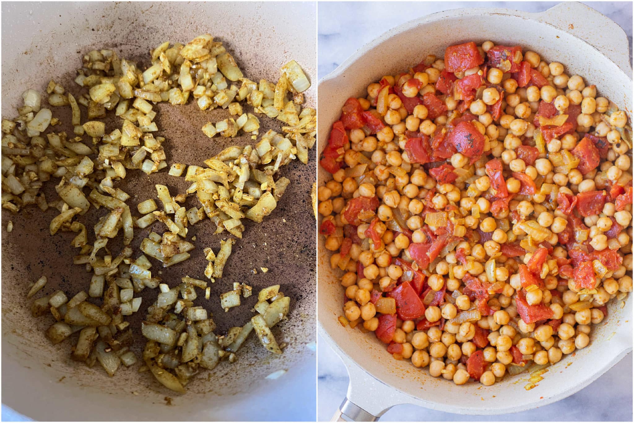 showing how to prepare this chickpea curry with onion and canned tomatoes