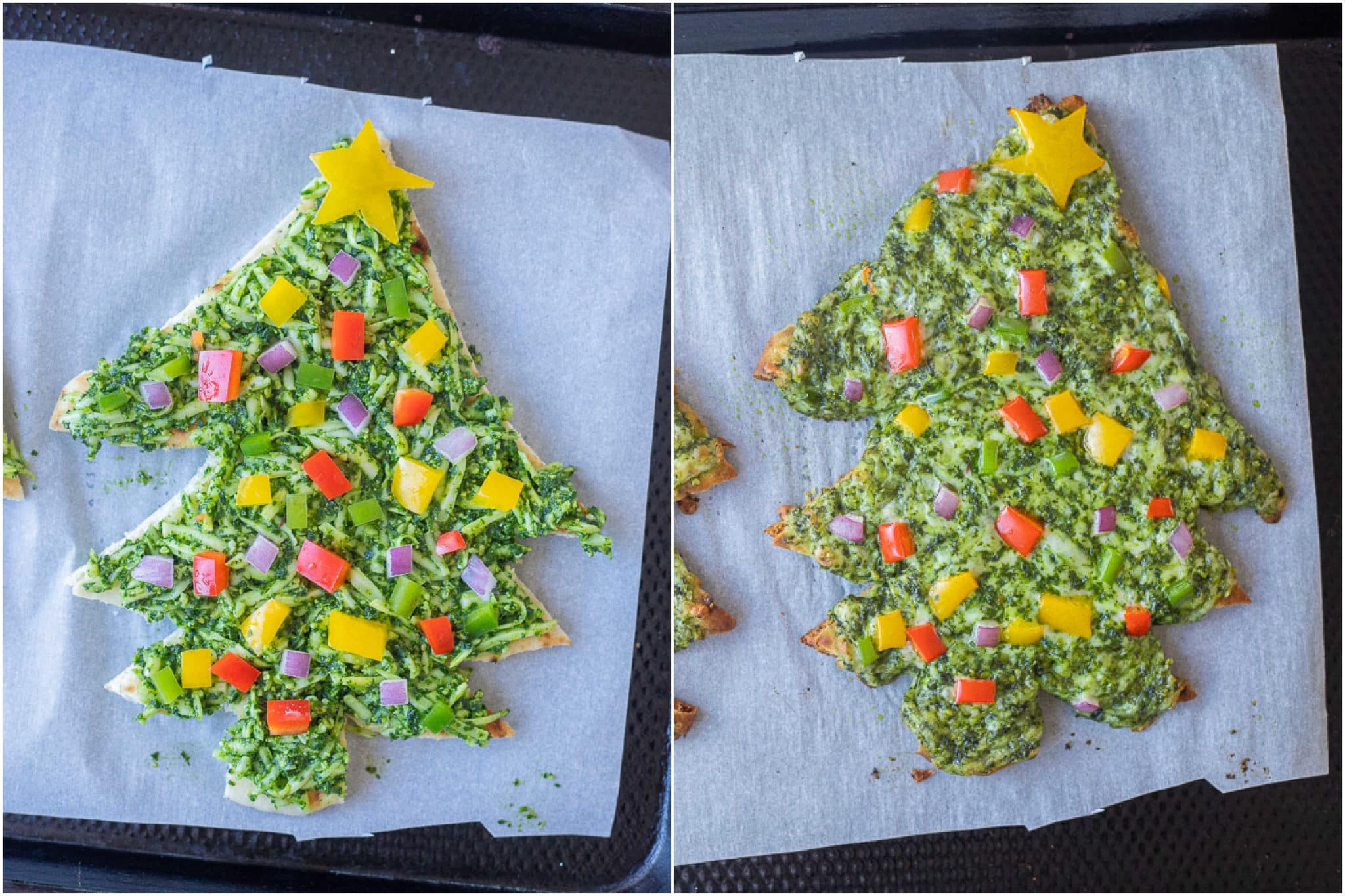 pesto pizzas before and after being baked in the oven