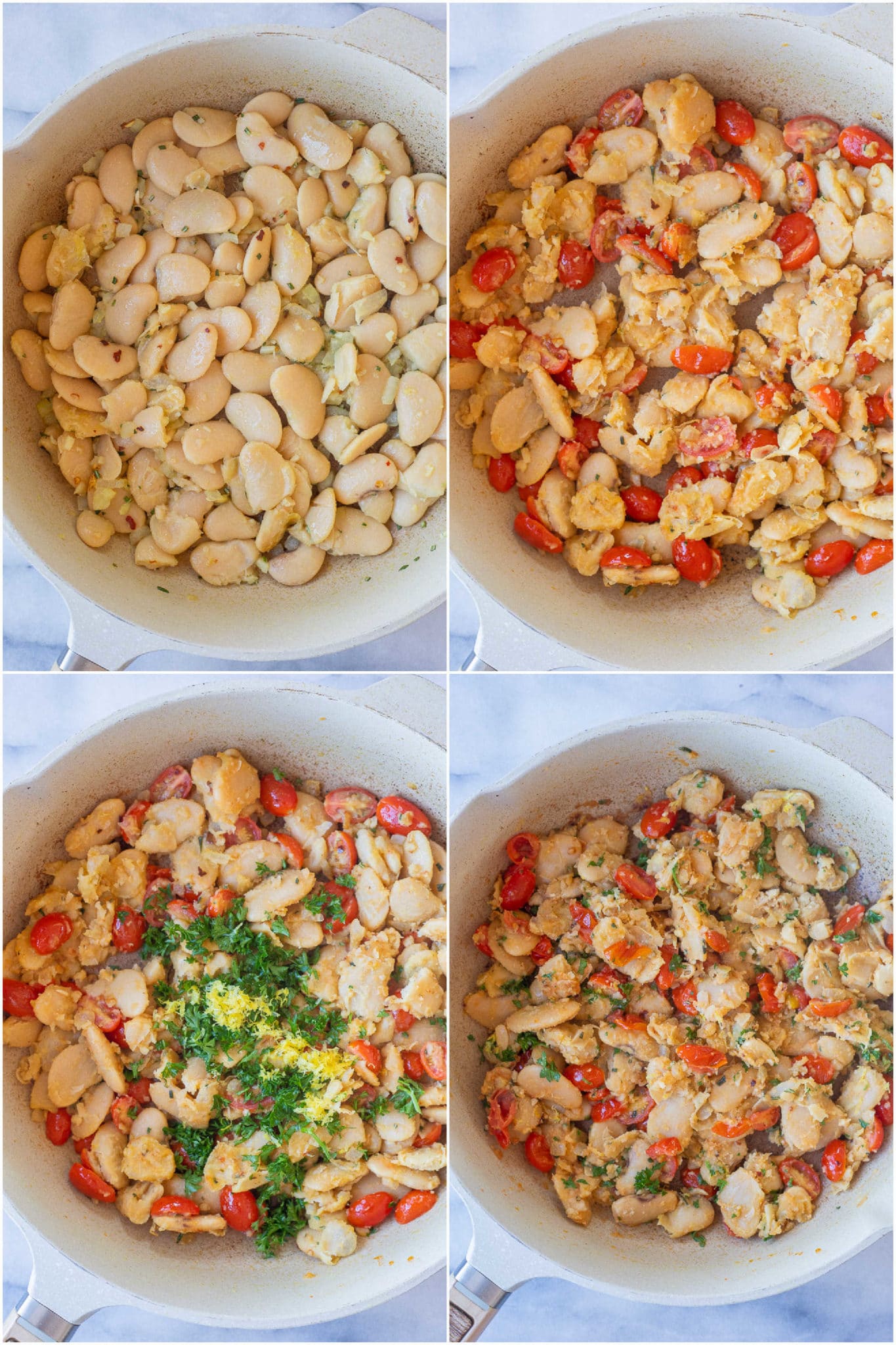 showing how to make tomato herb butter beans in a skillet with herbs and lemon zest